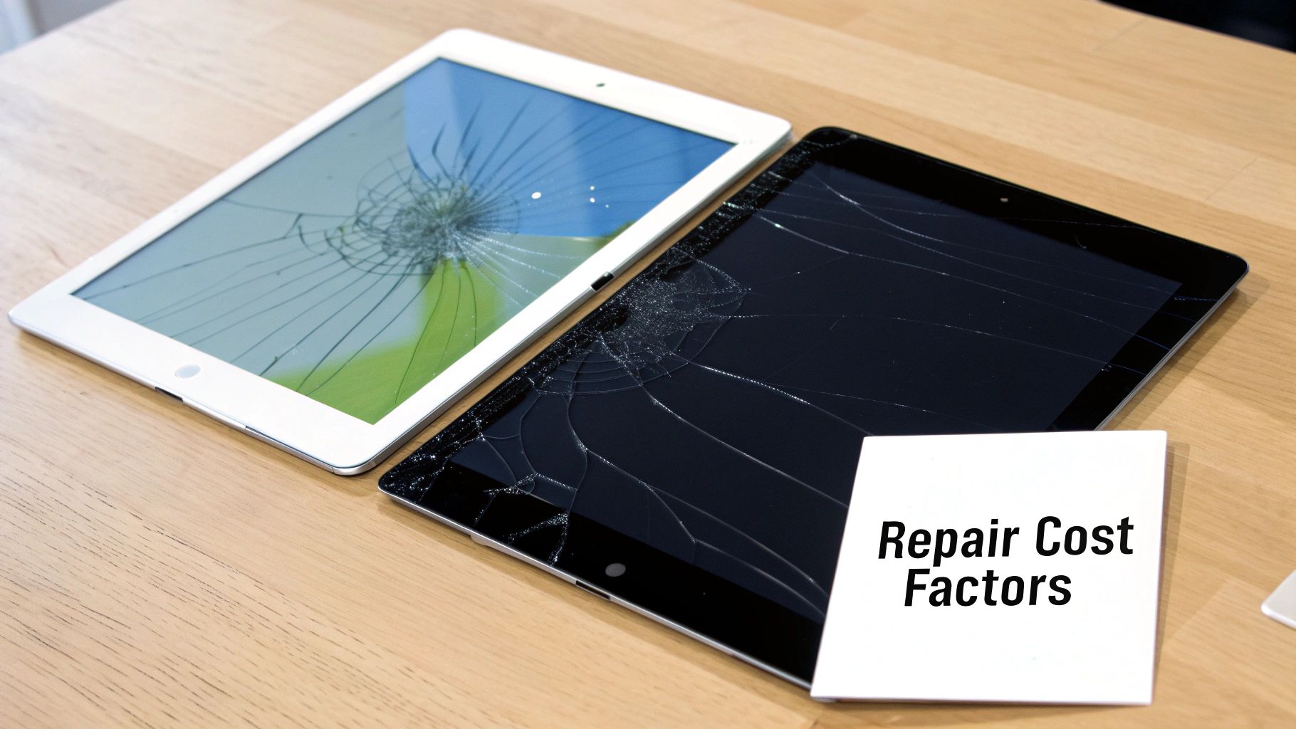 Two tablets with severely cracked screens on a wooden table, next to a note saying "Repair Cost Factors".