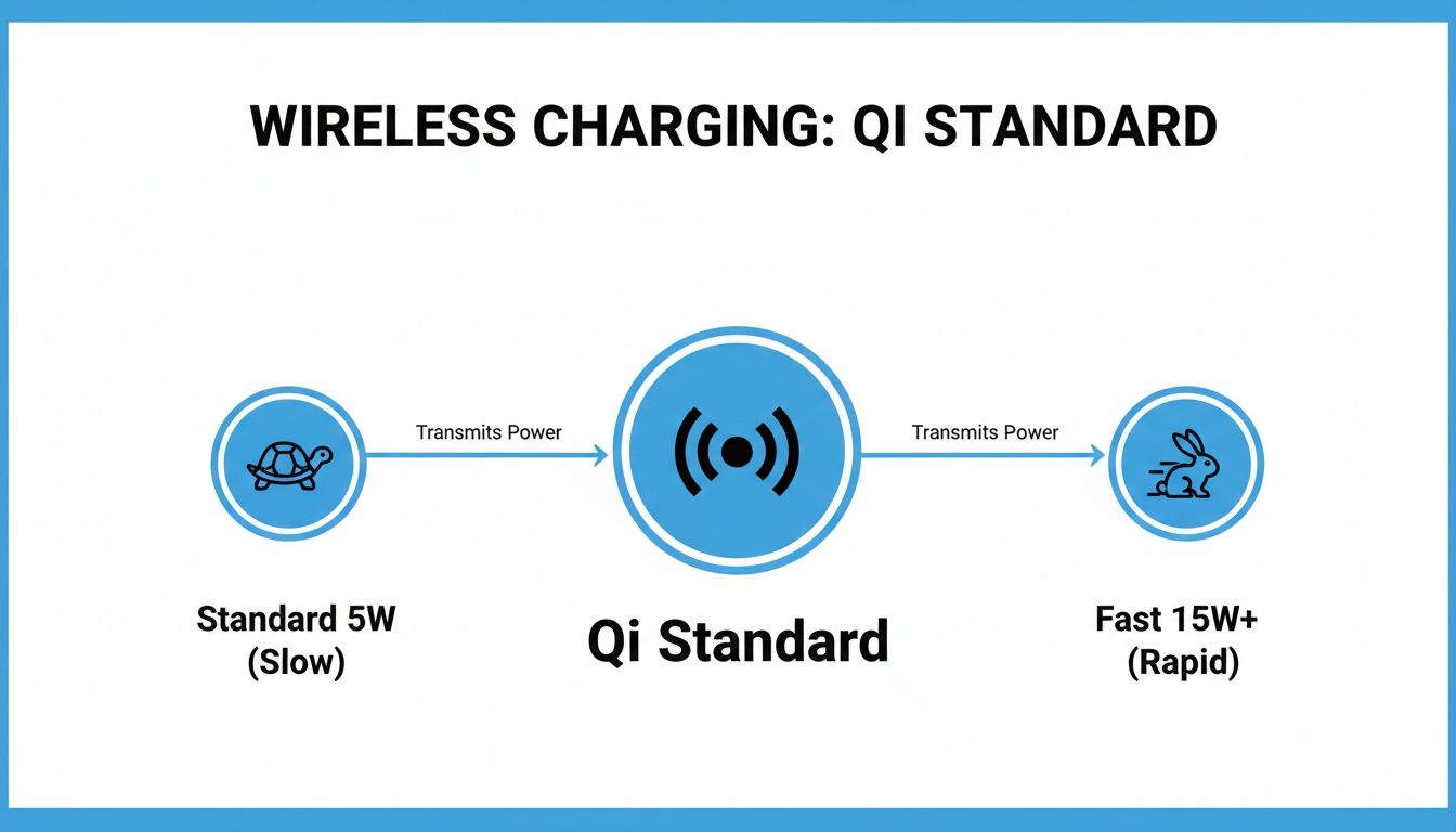 A diagram illustrating Qi wireless charging speeds: standard 5W (slow) with a turtle, and fast 15W+ (rapid) with a rabbit.