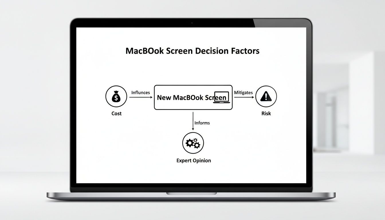 A diagram on a MacBook screen illustrates decision factors for a new MacBook screen, showing cost, risk, and expert opinion.