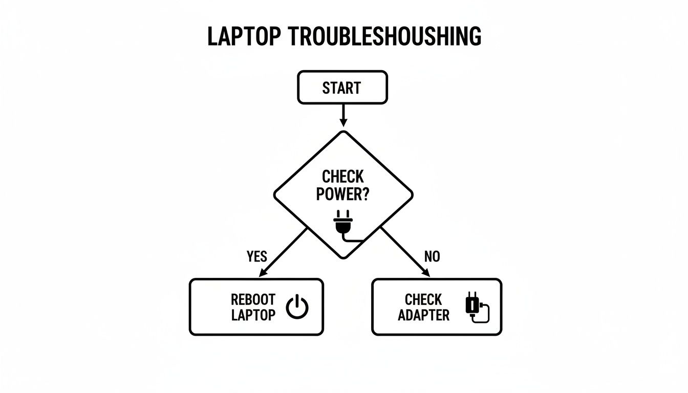 A simple flowchart for laptop troubleshooting, instructing to check power, then reboot or check the adapter.