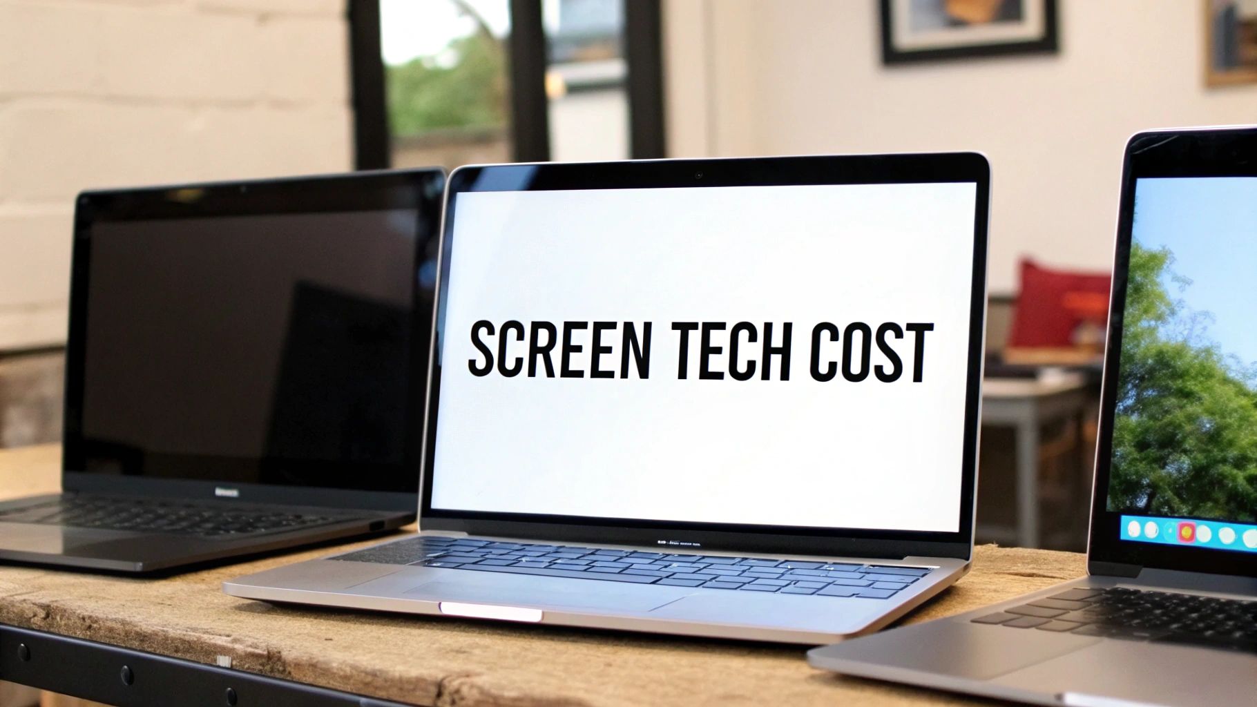 Three laptops on a wooden table, with the center one displaying 'SCREEN TECH COST' in bold letters.