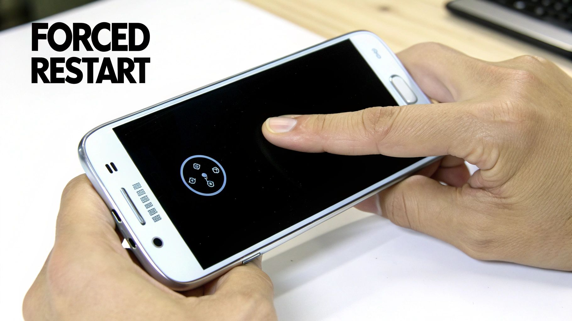 A person is holding a white Samsung phone with a finger touching the black screen, showing a circular icon and the text “FORCED RESTART”.