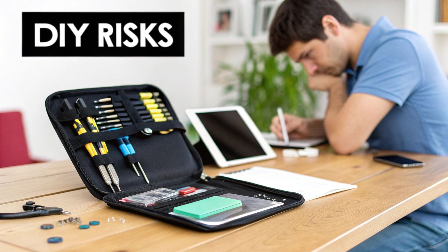 A person works on a tablet with a DIY electronics repair toolkit open on a wooden desk.