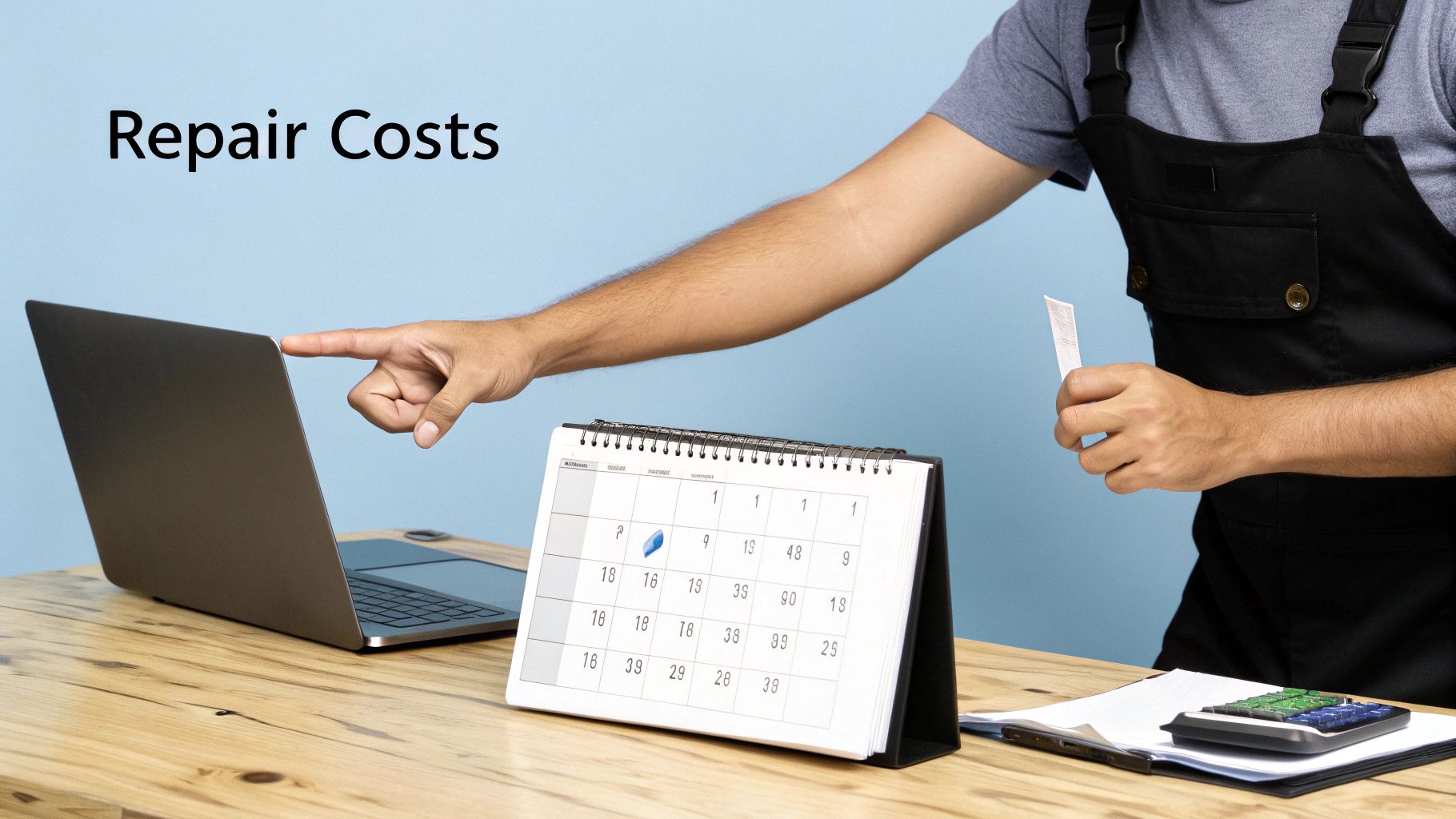 Technician in overalls points at a laptop, calculating repair costs with a calendar and calculator.