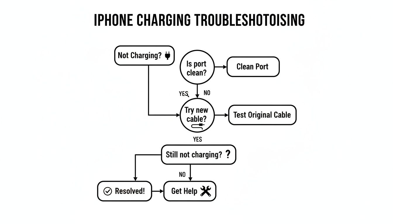 Flowchart illustrating iPhone charging troubleshooting steps, including checking port cleanliness and trying a new cable.