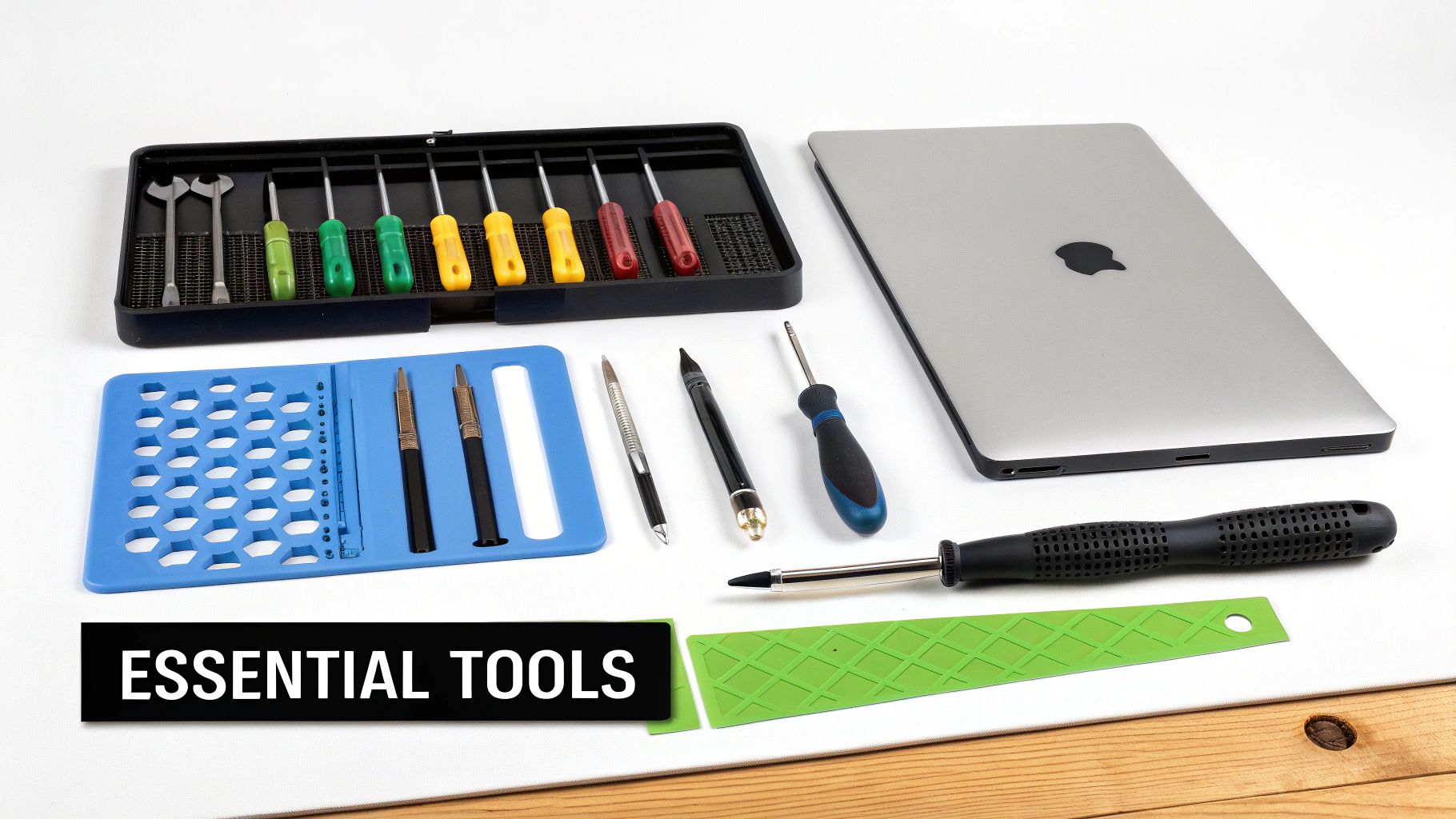 A flat lay of essential electronic repair tools including screwdrivers, spudgers, and a laptop.