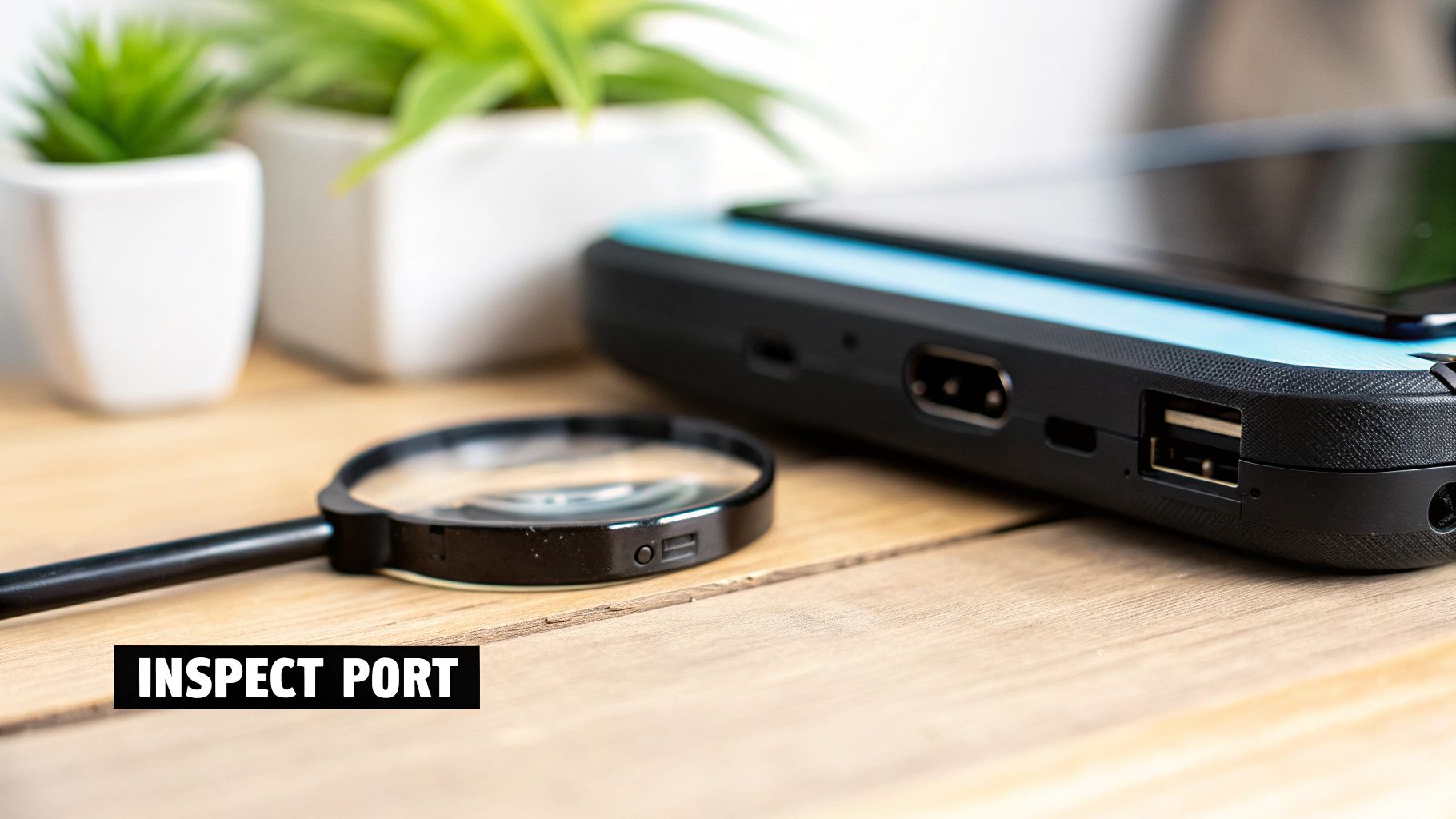 Laptop USB ports inspection with magnifying glass on wooden desk for troubleshooting connectivity issues