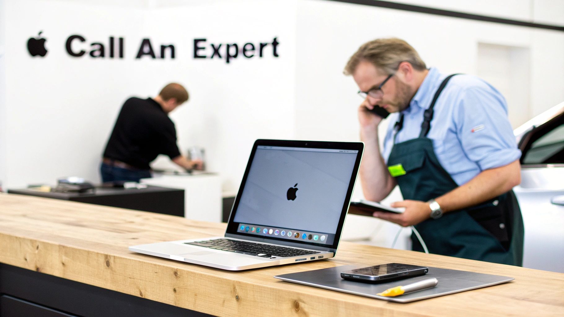 Apple technician on the phone in a modern repair shop with a MacBook Pro on a wooden counter.