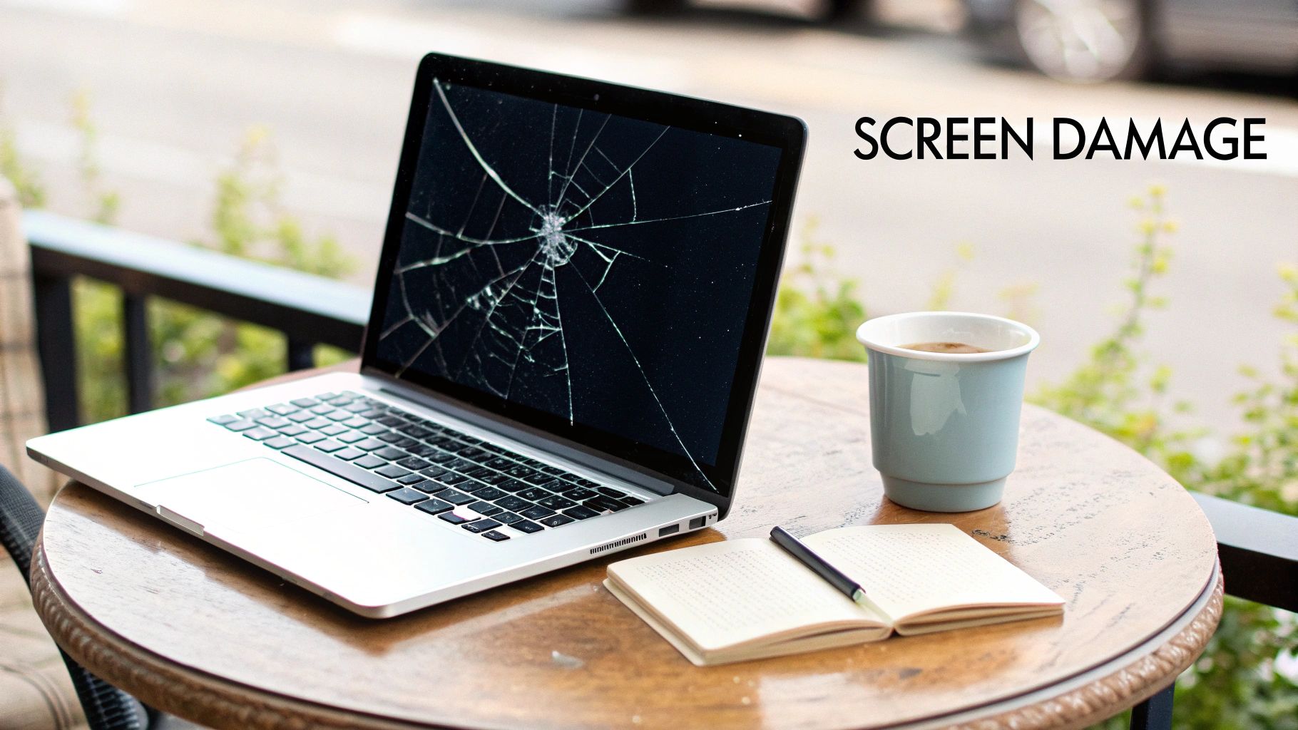 A silver laptop with a severely cracked screen sits on a wooden table next to a coffee cup and a notebook.