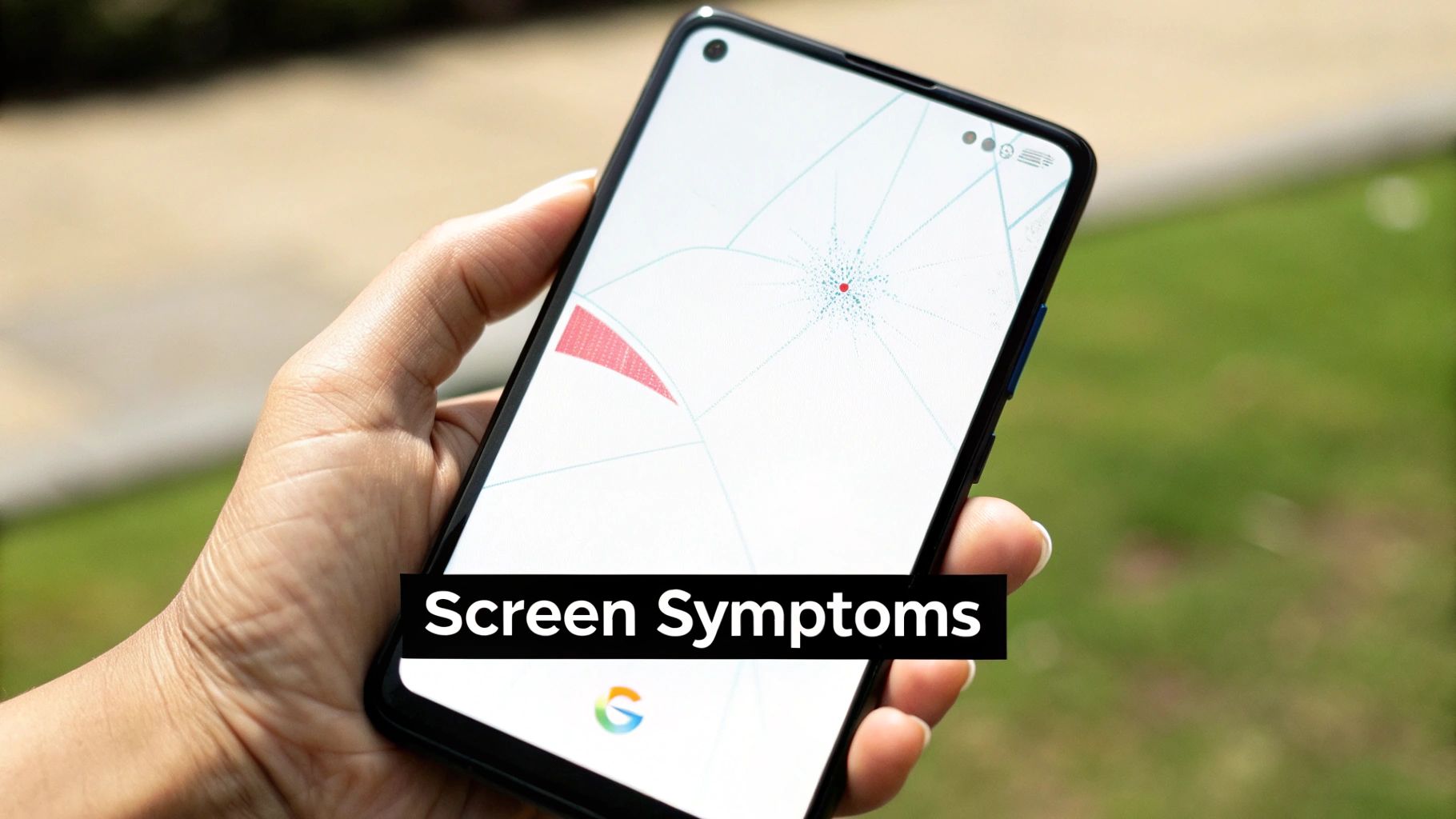 Hand holding a black smartphone with a severely cracked screen displaying a red dot and Google logo.