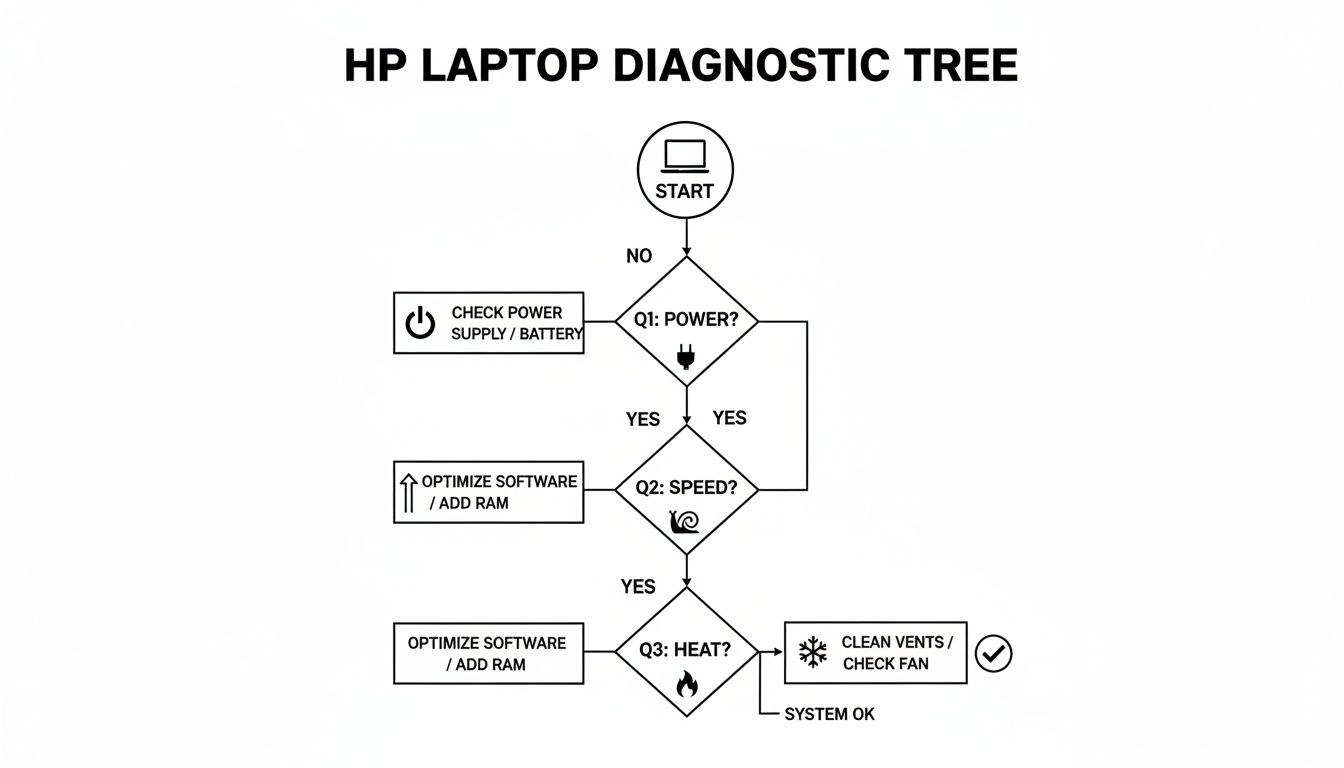 HP laptop diagnostic flowchart detailing troubleshooting steps for power, speed, and heat issues.