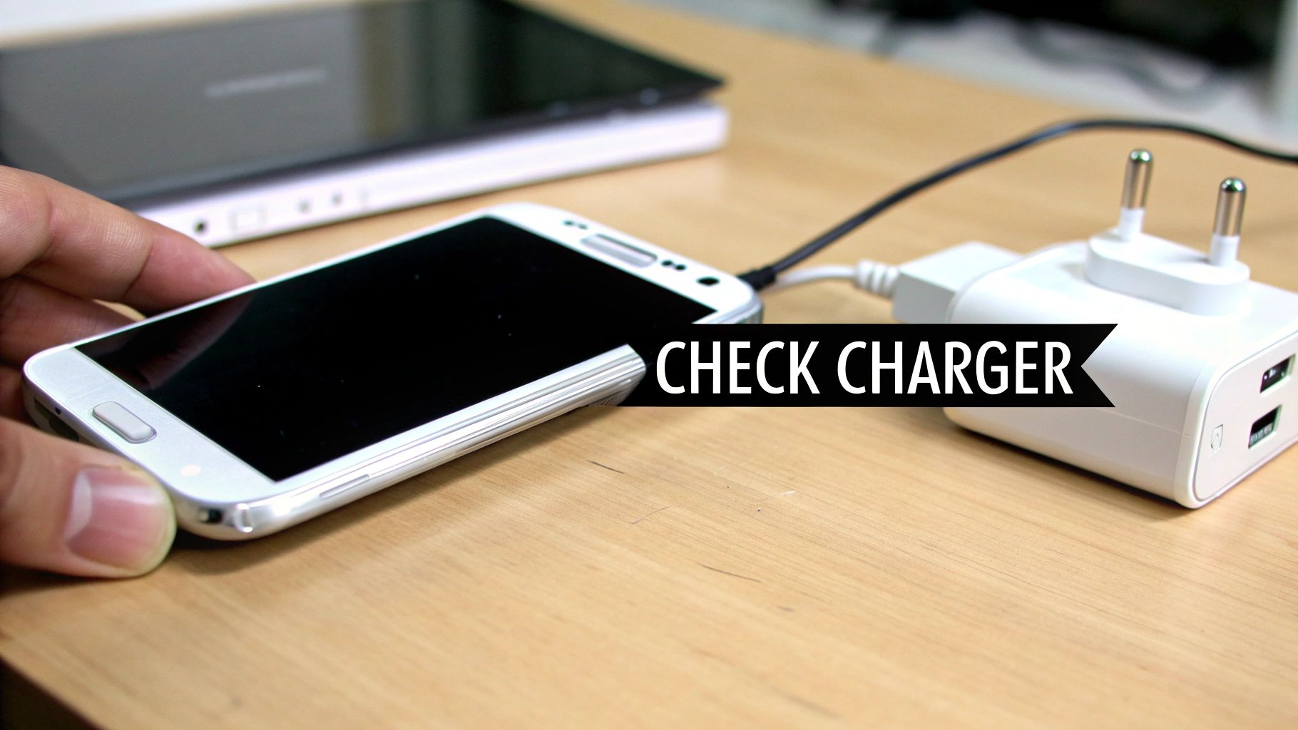 A hand holds a white Samsung phone plugged into a charger with a 'CHECK CHARGER' banner.