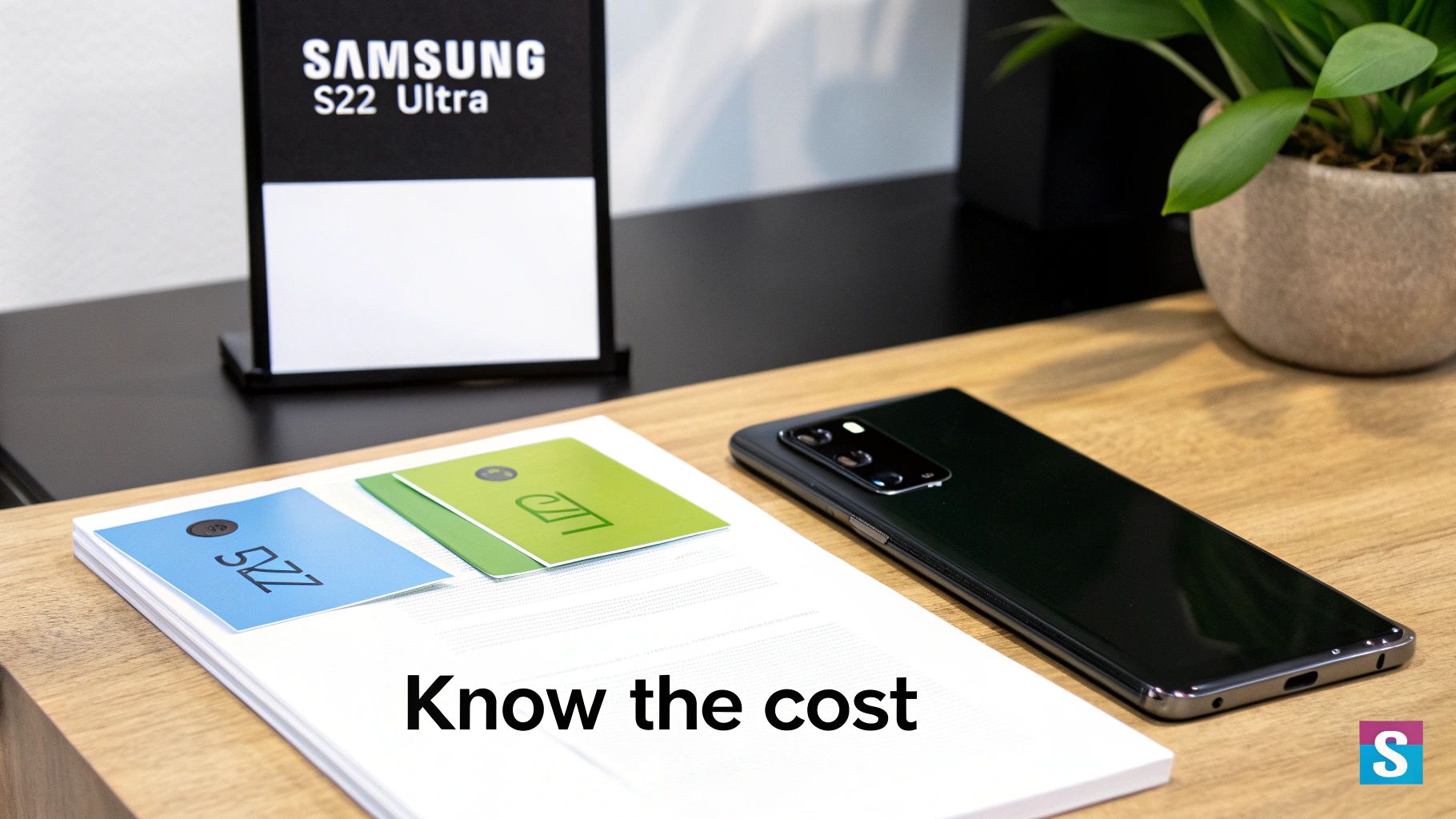 A black Samsung S22 Ultra phone on a wooden desk next to a display stand, papers, and cards.