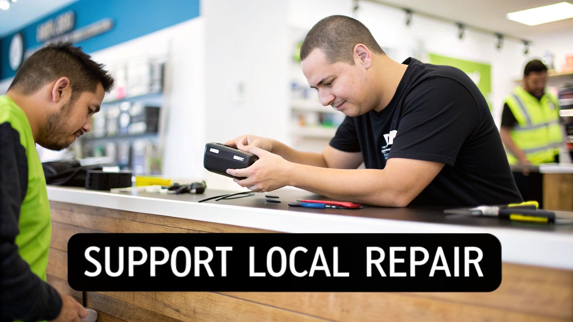 A technician carefully inspecting the internal components of a modern gaming console with precision tools.