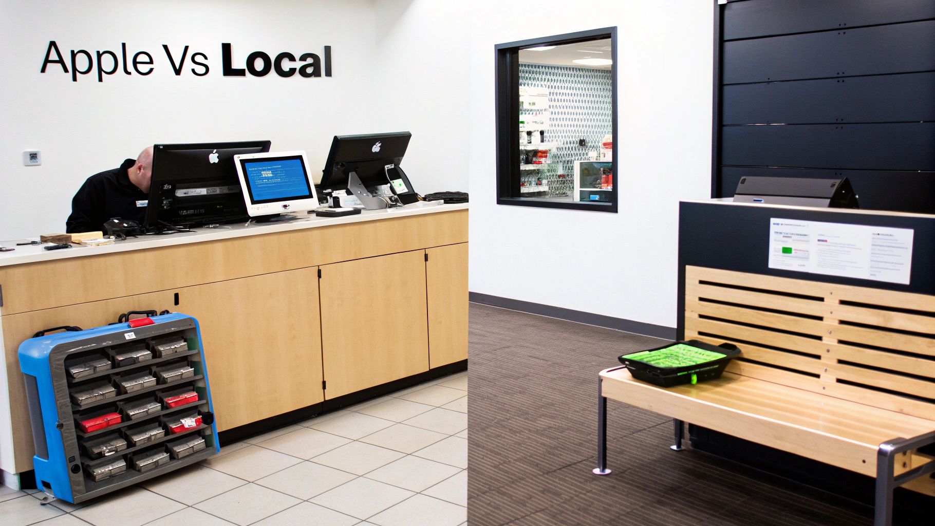 A tech repair shop counter with 'Apple Vs Local' sign, computers, and a waiting bench.