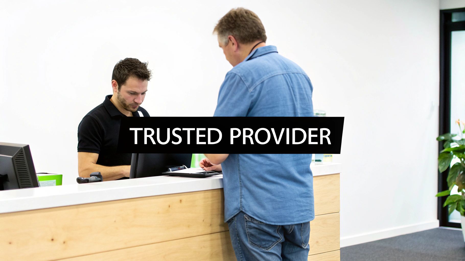 A man at a service counter assists a customer, with the text 'Trusted Provider' overlaid.