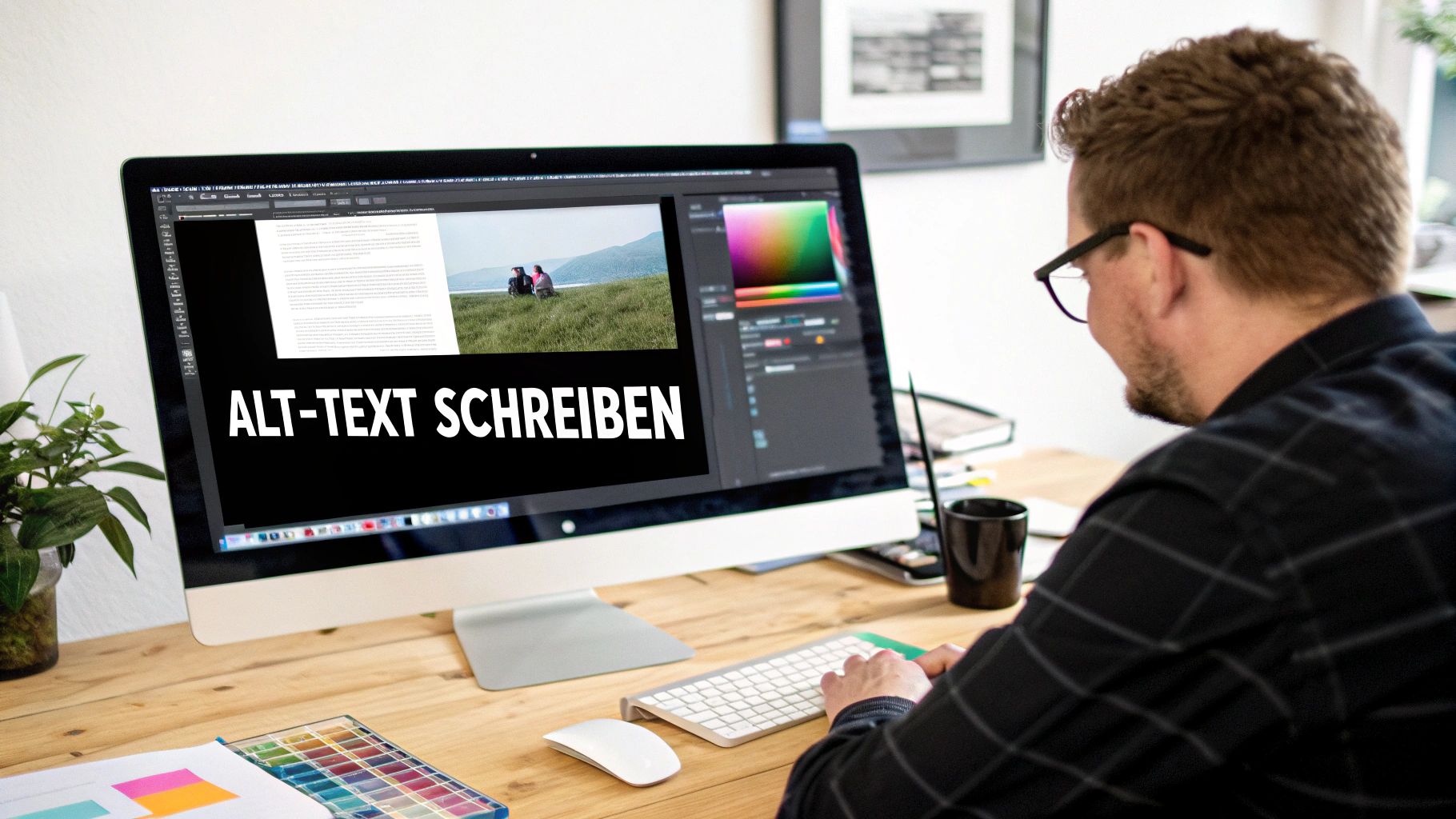 Eine Person beschreibt ein Bild auf einem Tablet, während eine Lupe den Alternativtext hervorhebt.