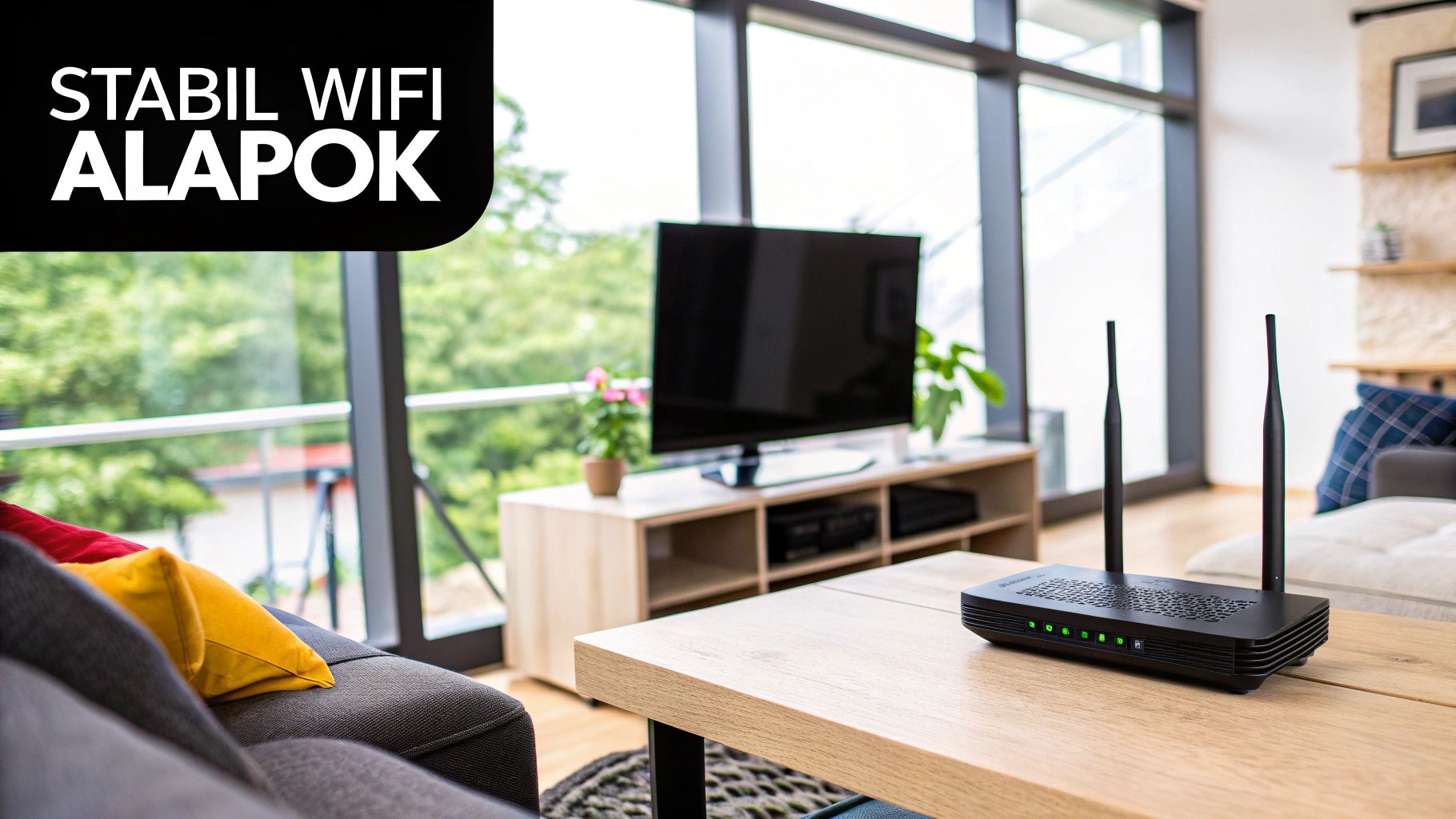 Egy személy éppen csatlakoztatja az Ethernet kábelt a wifi routerhez.