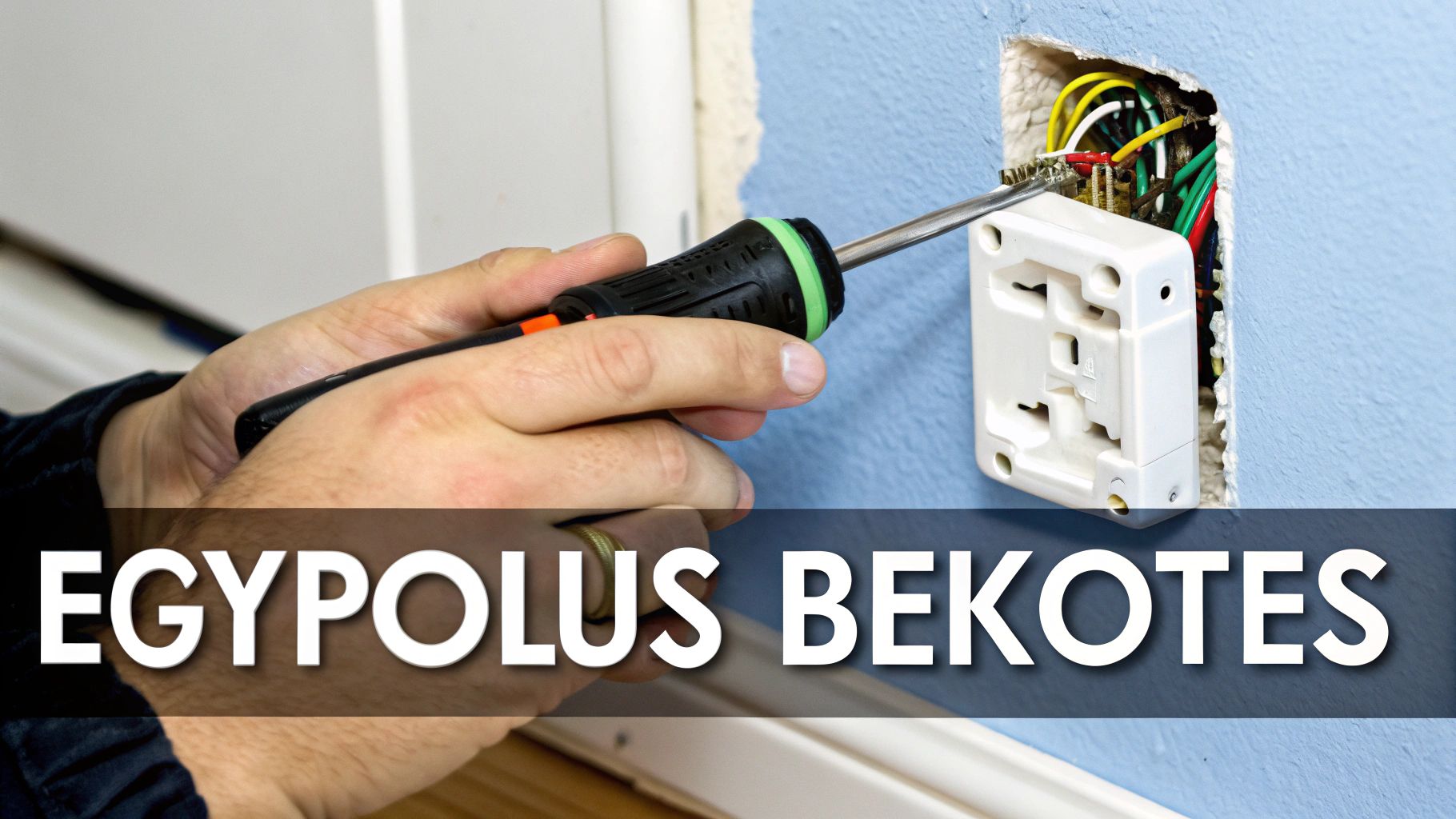 Egy közeli kép egy modern, fehér villanykapcsolóról, melyet éppen egy falba szerelnek, látszanak a vezetékek is.