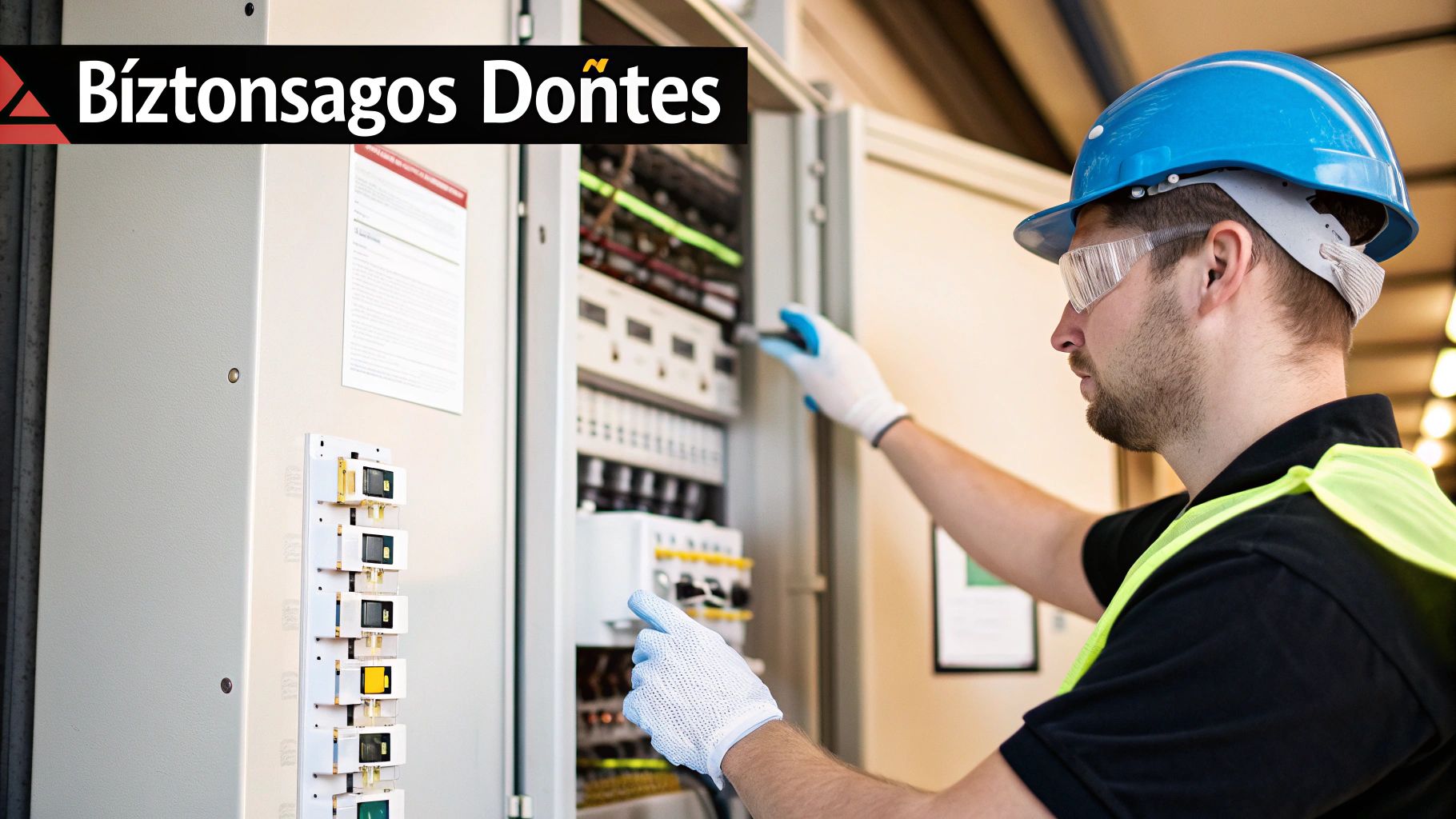 Egy villanyszerelő szerszámokkal a kezében vizsgál egy fali kapcsolót, hangsúlyozva a szakértelmet és a biztonságot