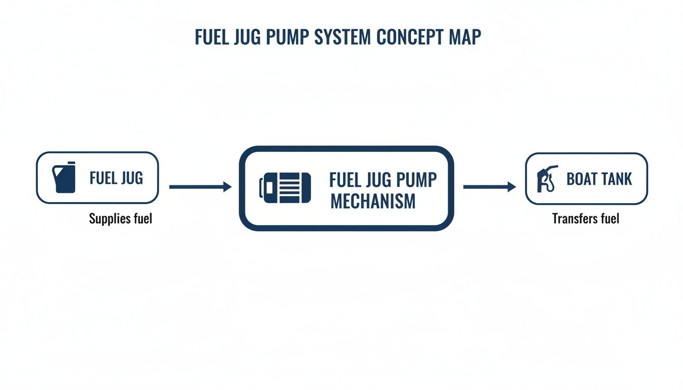 A concept map showing a fuel jug supplying fuel to a boat tank via a fuel jug pump mechanism.