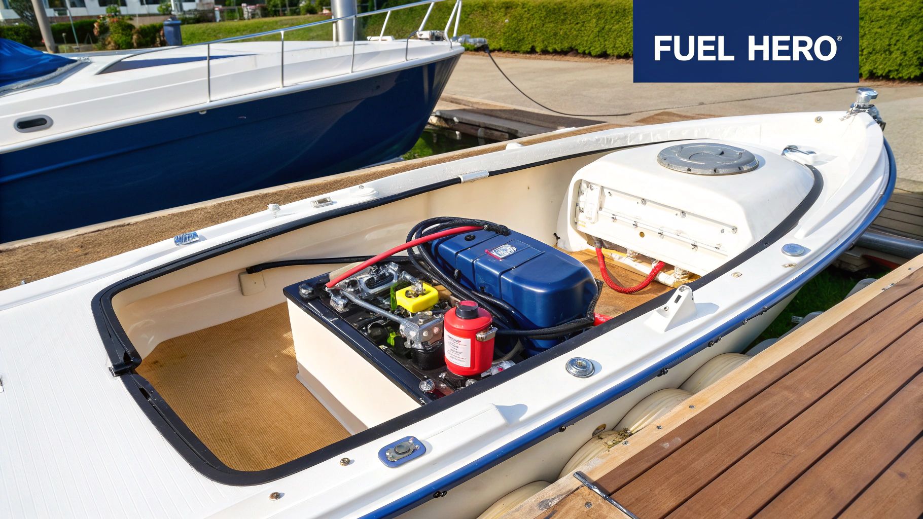 A boat's fuel gauge and sending unit components displayed against a nautical background