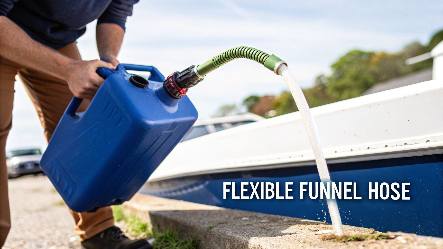 A person holds a blue gas can with a green flexible funnel hose, pouring liquid onto the ground near a boat.