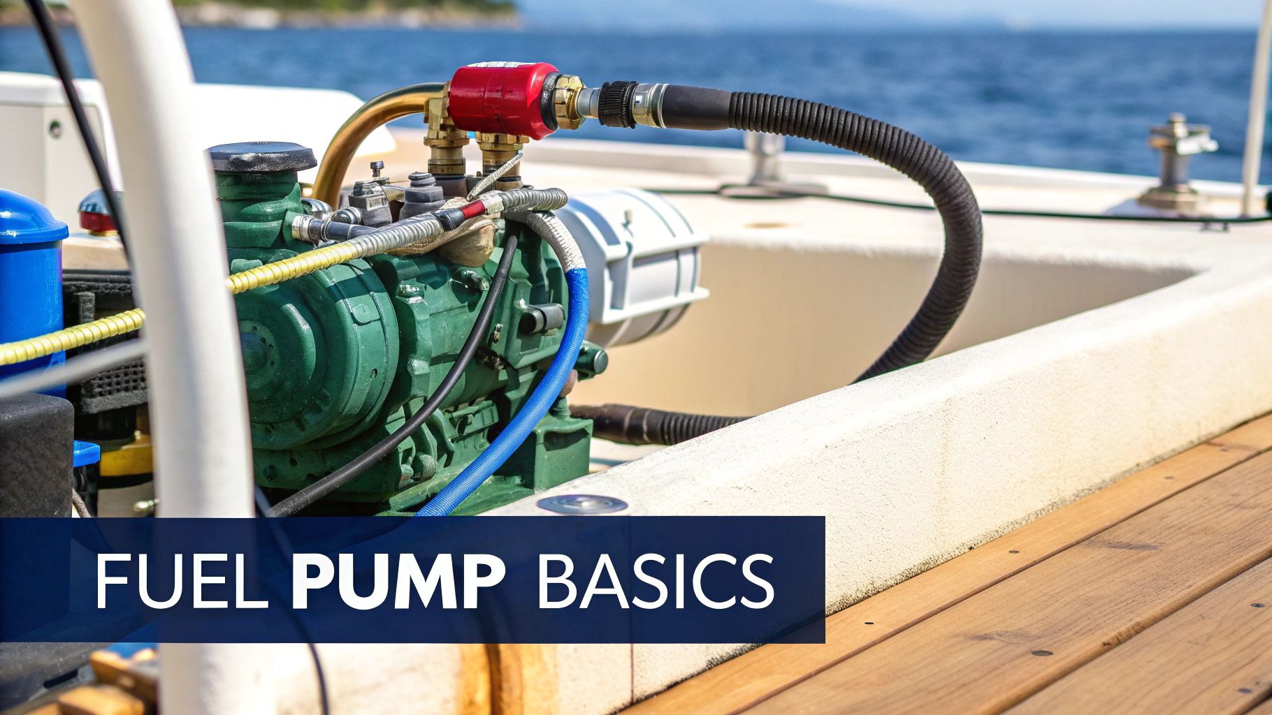 A close-up of a marine fuel transfer pump installed in a boat's engine bay, highlighting its connection to fuel lines and filters.