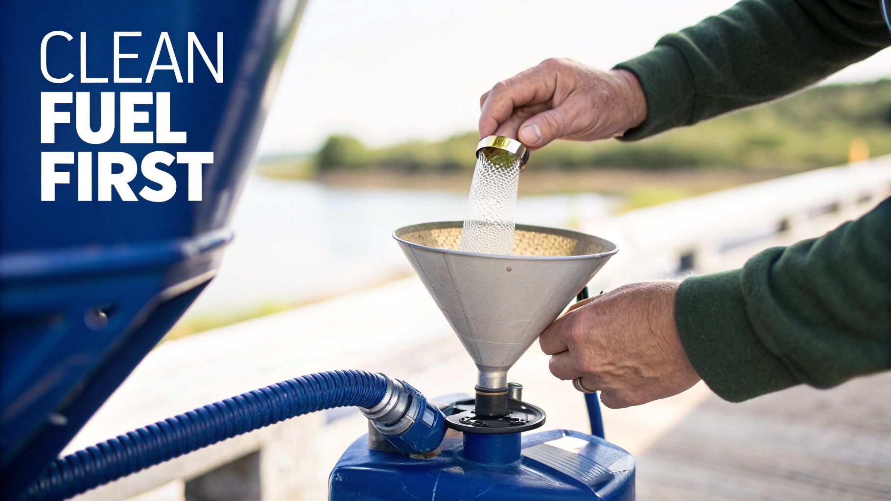 Person pouring fuel through a funnel with a filter screen into a blue container with 'Clean Fuel First' text.