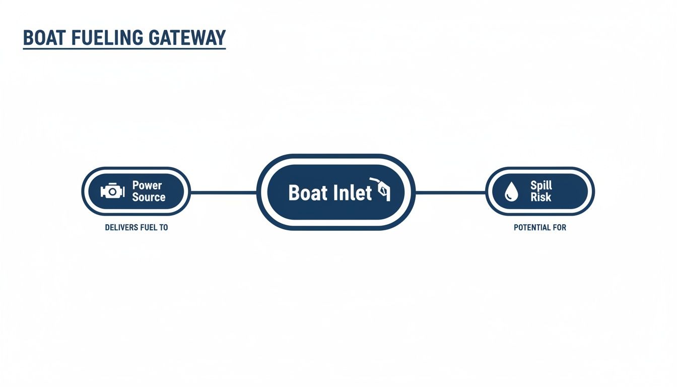 Diagram illustrating the boat fueling gateway: power source delivers fuel to boat inlet, with spill risk potential.