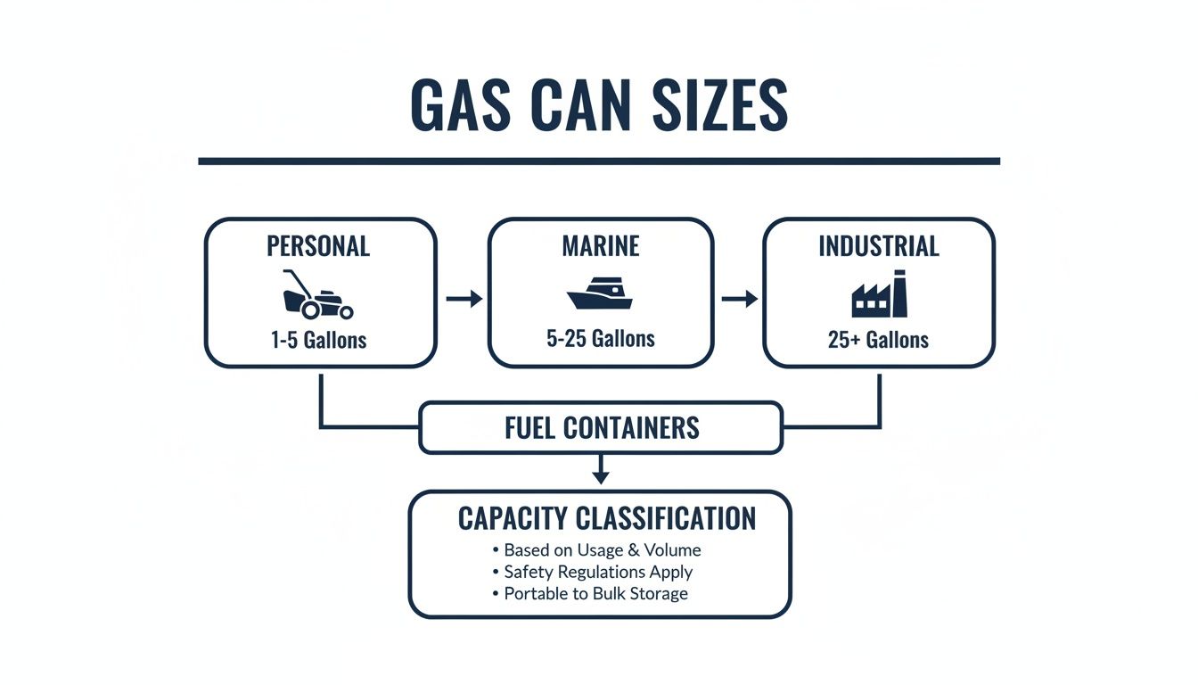 Diagram classifying gas can sizes into personal, marine, and industrial categories, detailing their capacities and usage.