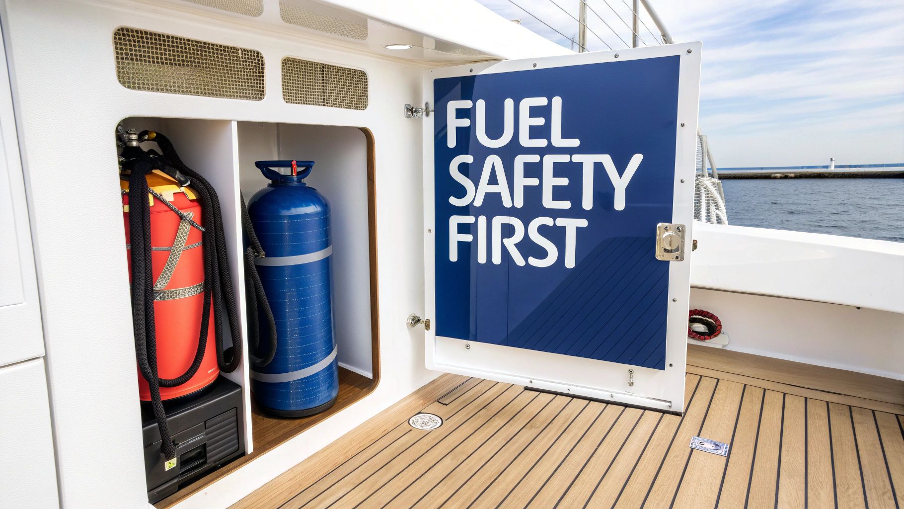 A boat's open compartment revealing red and blue gas containers, with a door saying 'FUEL SAFETY FIRST'.