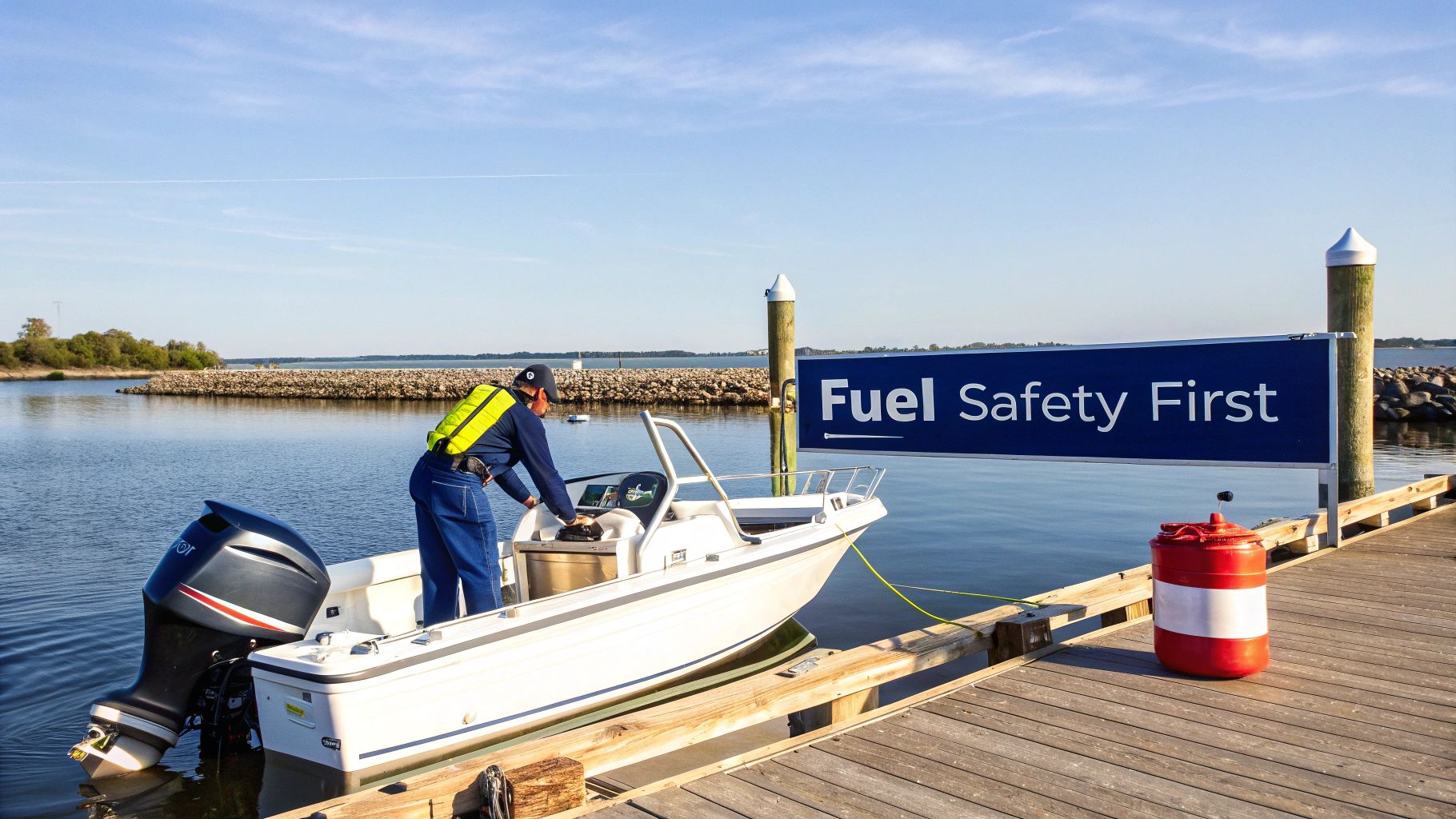 A person in a life vest fuels a white boat at a dock with a 'Fuel Safety First' sign.