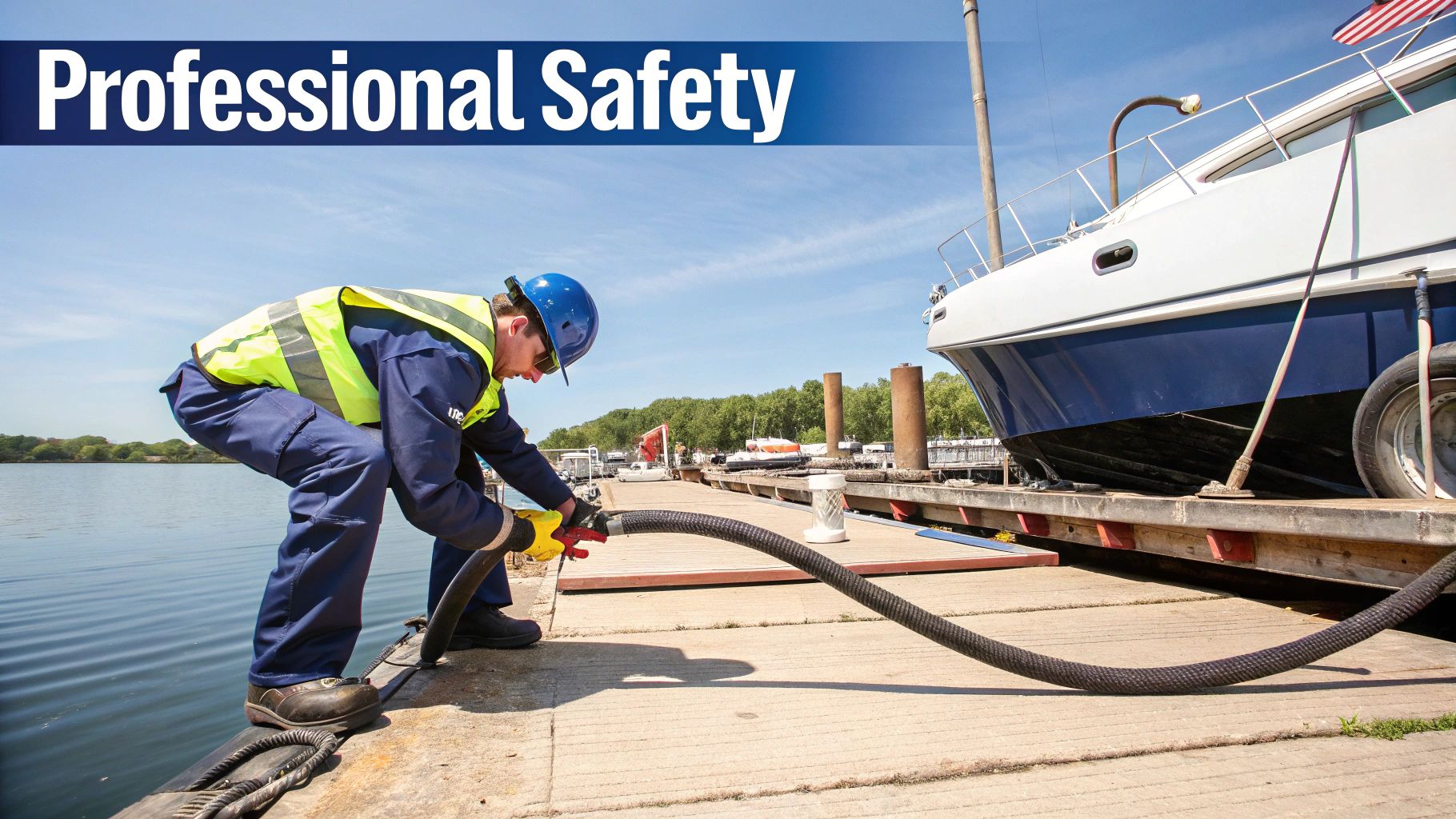 A technician safely fueling a boat using specialized equipment