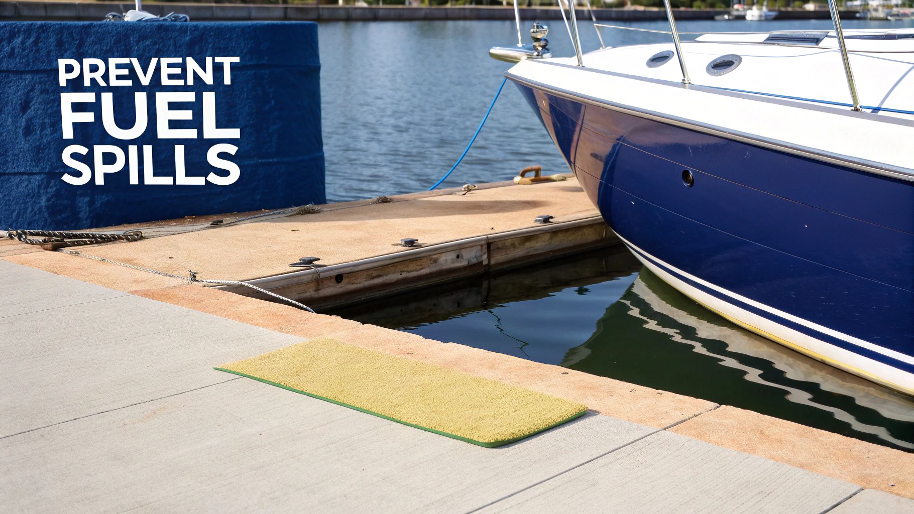 A boat docked at a marina with a prominent 'PREVENT FUEL SPILLS' sign and a yellow mat.