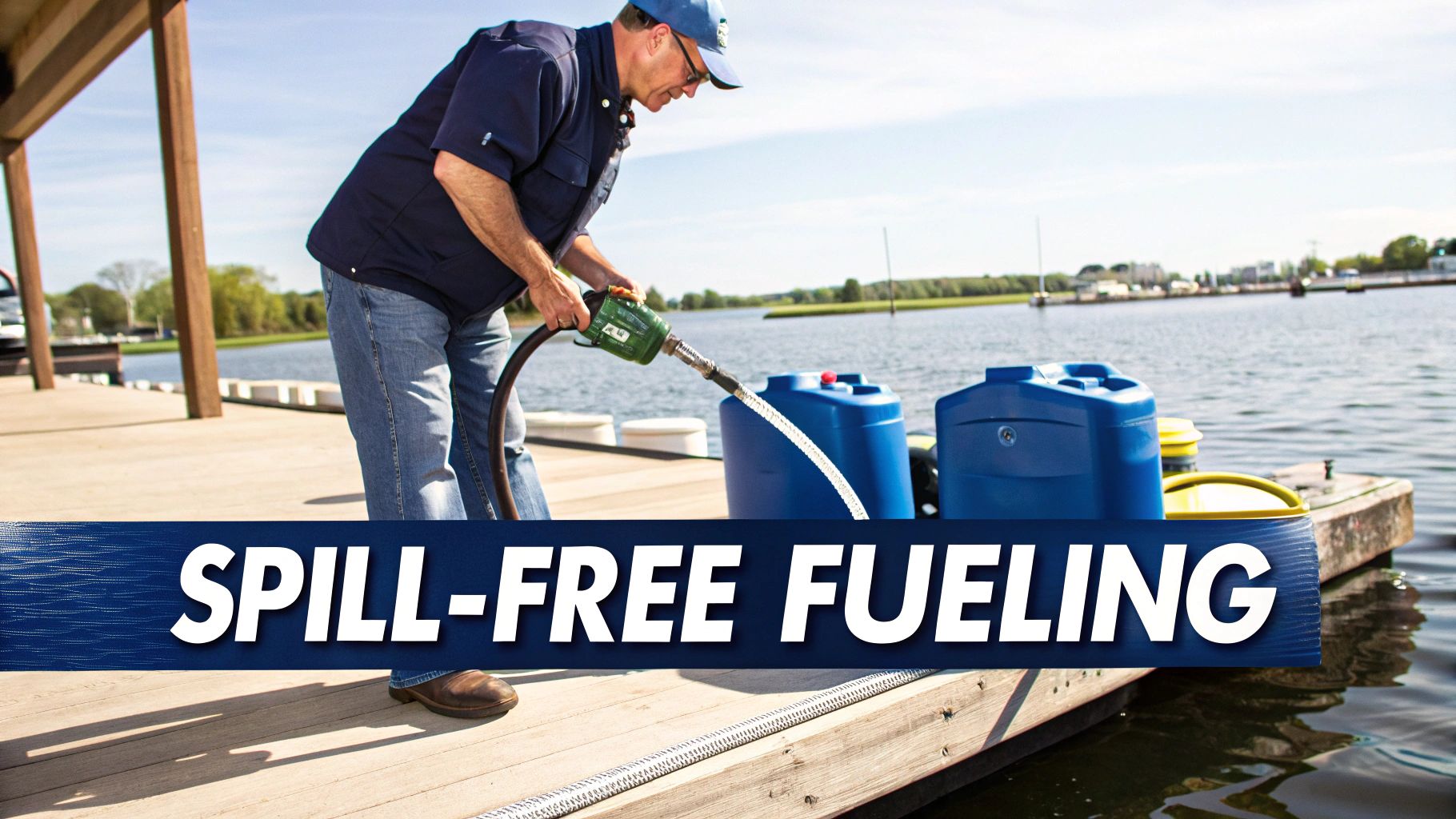 Man on a dock uses a fuel nozzle to fill a blue container, promoting spill-free fueling near water.