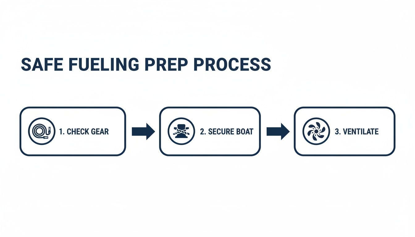 Flowchart outlining a safe boat fueling prep process: check gear, secure boat, and ventilate.