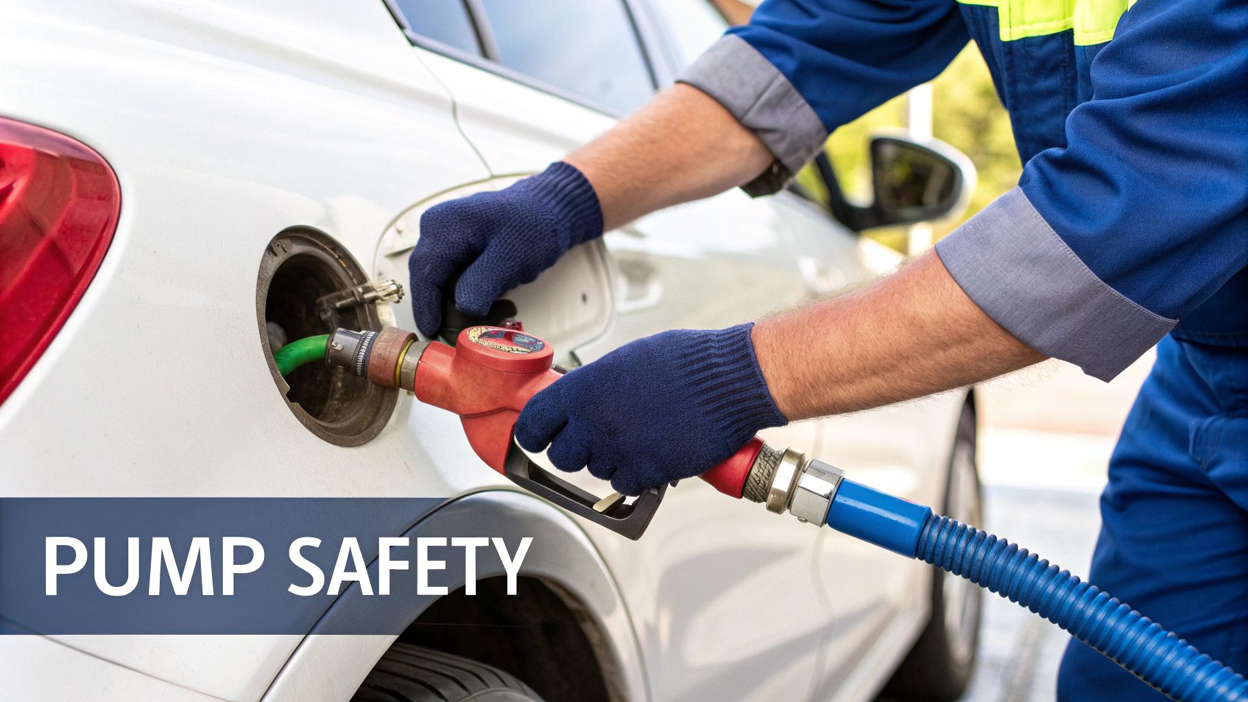 A person carefully connecting a gas tank transfer pump hose to a piece of equipment in a well-ventilated outdoor area.