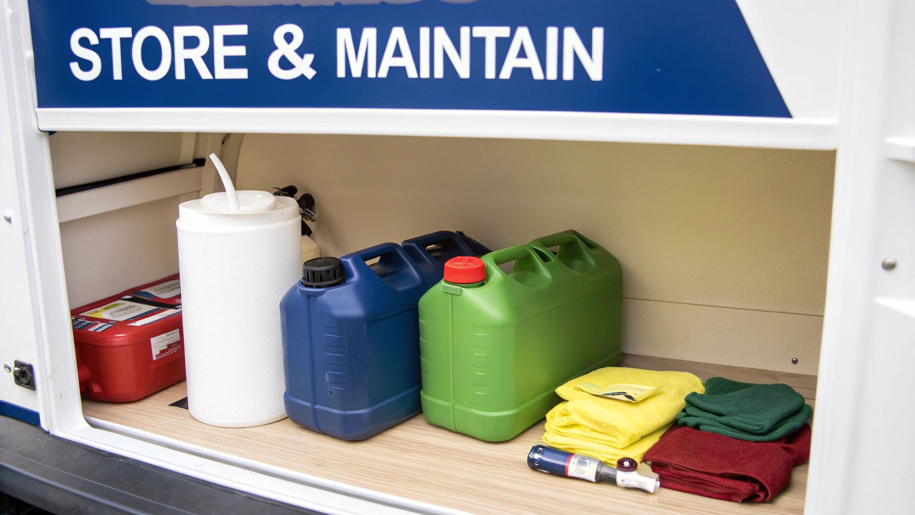 Utility storage with blue and green jerry cans, water container, cleaning rags, and a tool.