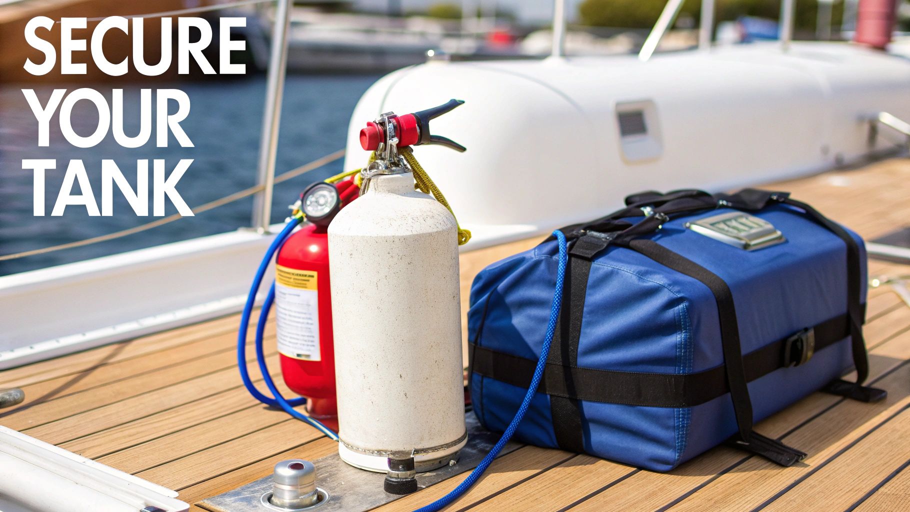 A white gas tank, red fire extinguisher, and blue bag are secured on a boat's wooden deck.