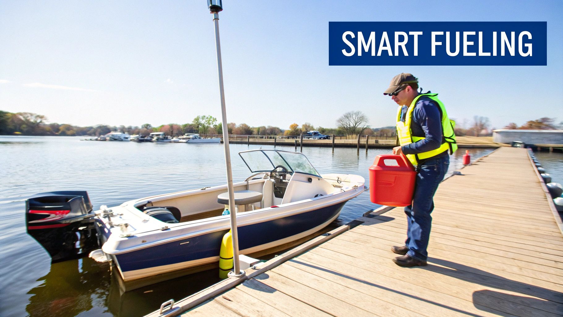 A man in a life vest carries a red fuel can on a wooden dock next to a boat, preparing to refuel.