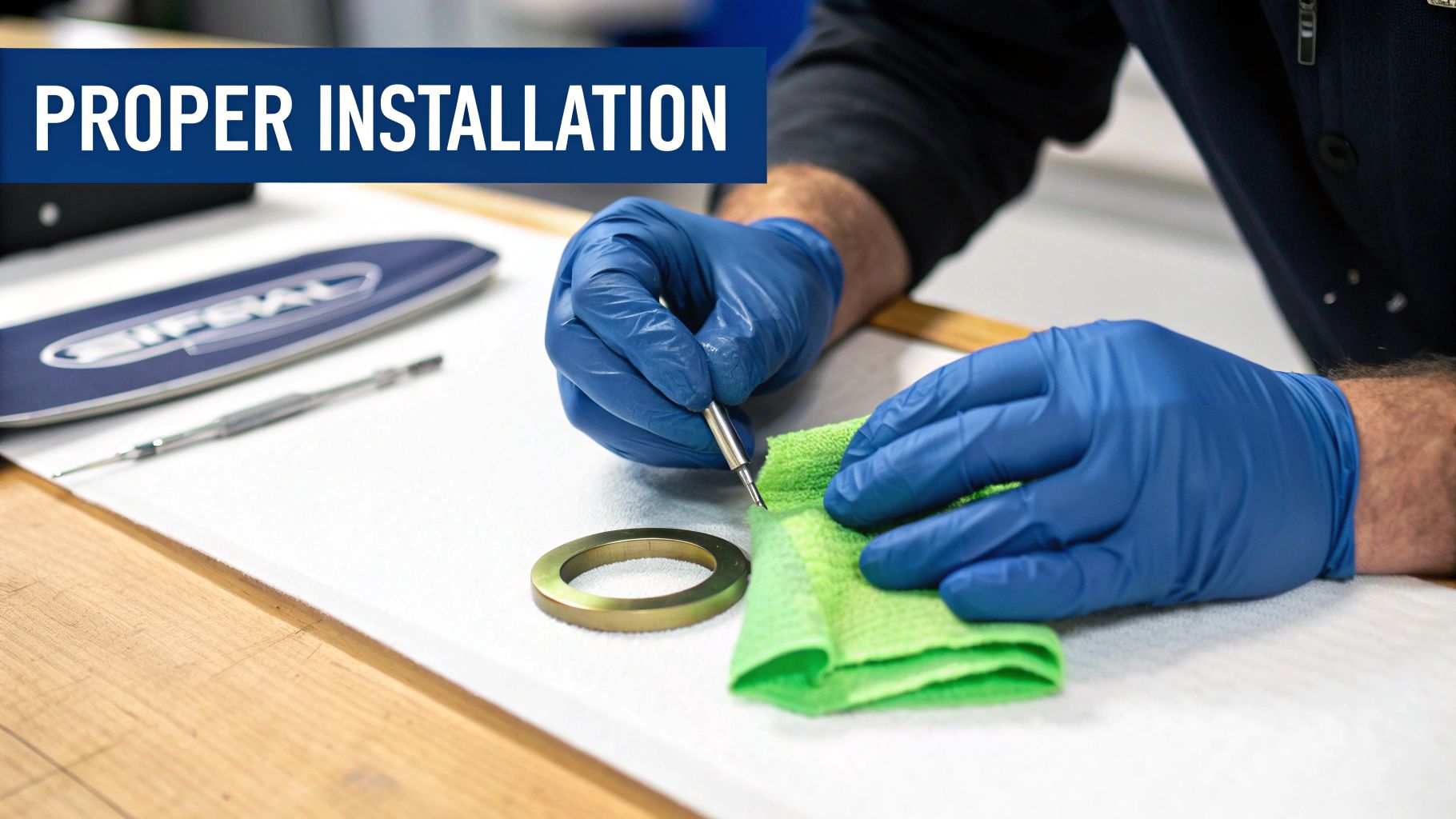 A person in blue gloves meticulously cleans a small tool and a golden ring on a white surface.