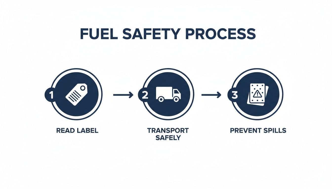 Infographic outlining a 3-step fuel safety process: read label, transport safely, prevent spills.