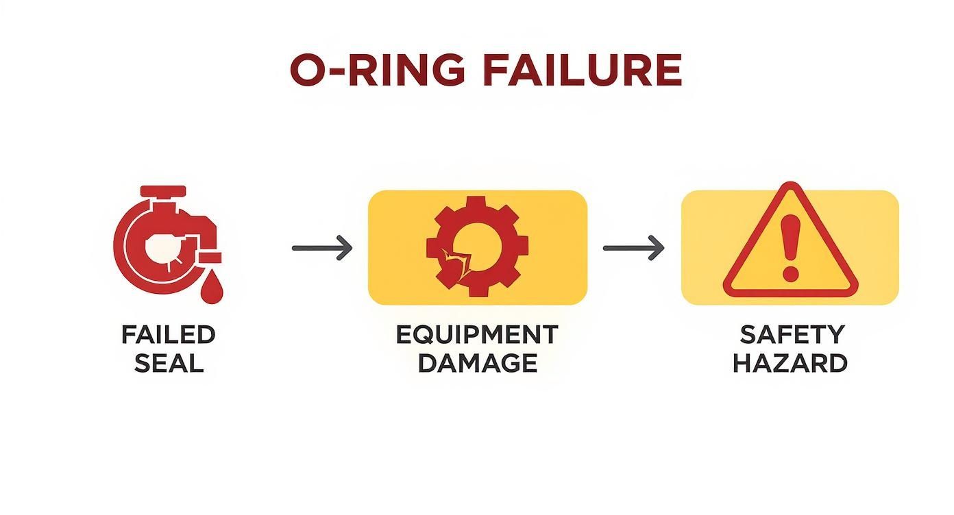 A flowchart illustrates O-ring failure leading to a failed seal, equipment damage, and safety hazards.