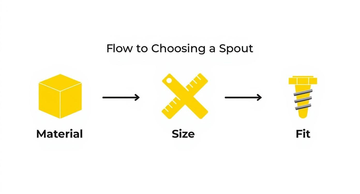 Flowchart illustrating the three-step process for choosing a spout: material, size, and fit.