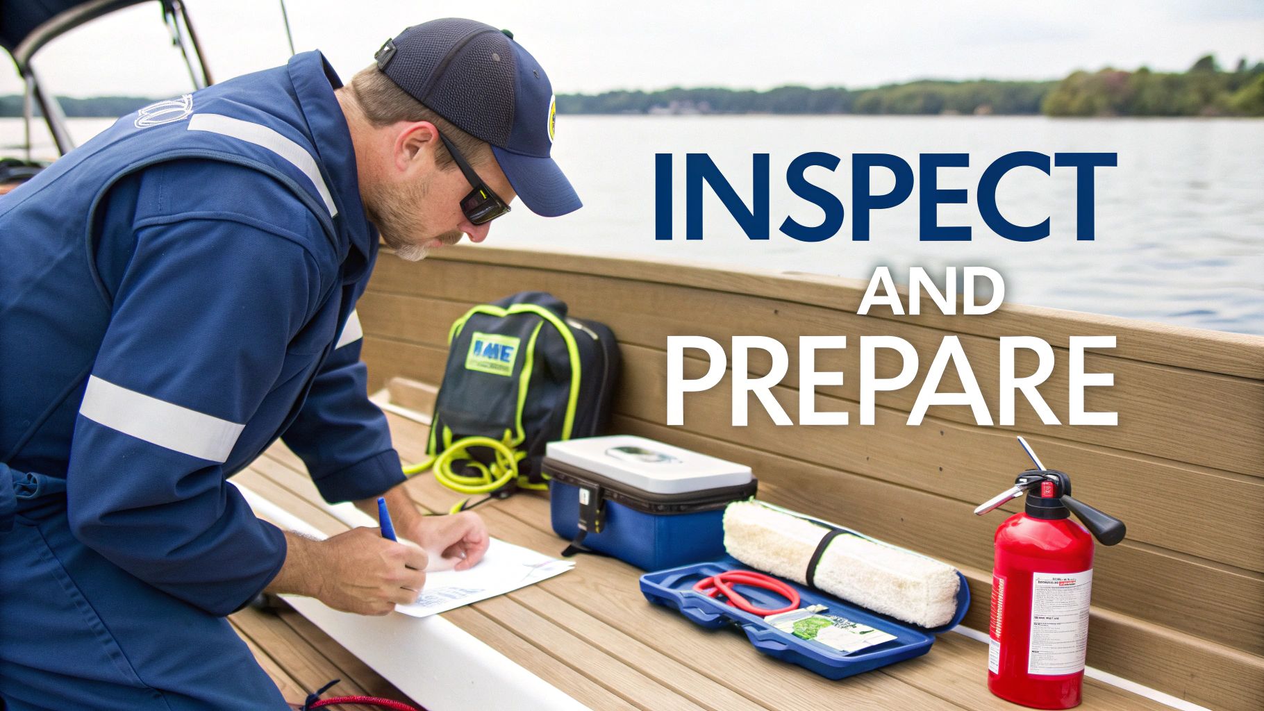A man in a blue uniform inspects safety equipment on a boat, writing on paper.