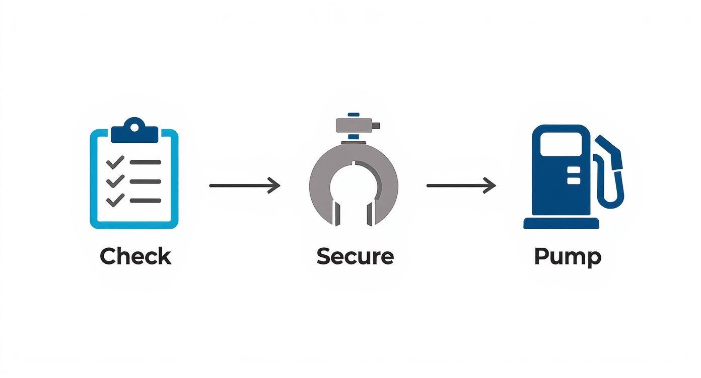 A three-step process diagram with icons: check (clipboard), secure (clamp), and pump (gas station pump).