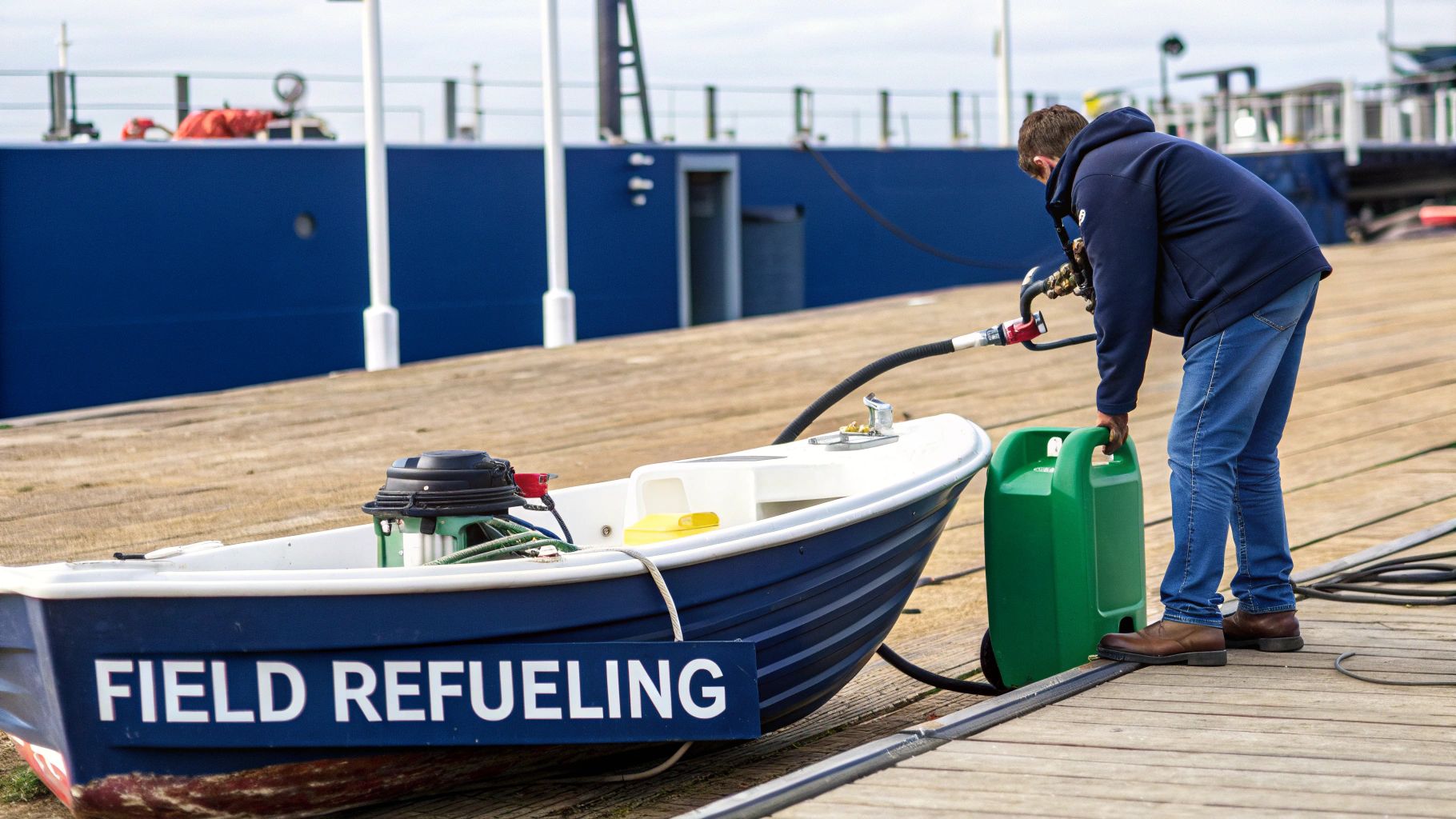 A man refuels a small boat labeled "FIELD REFUELING" using a portable gas container and pump on a wooden dock.