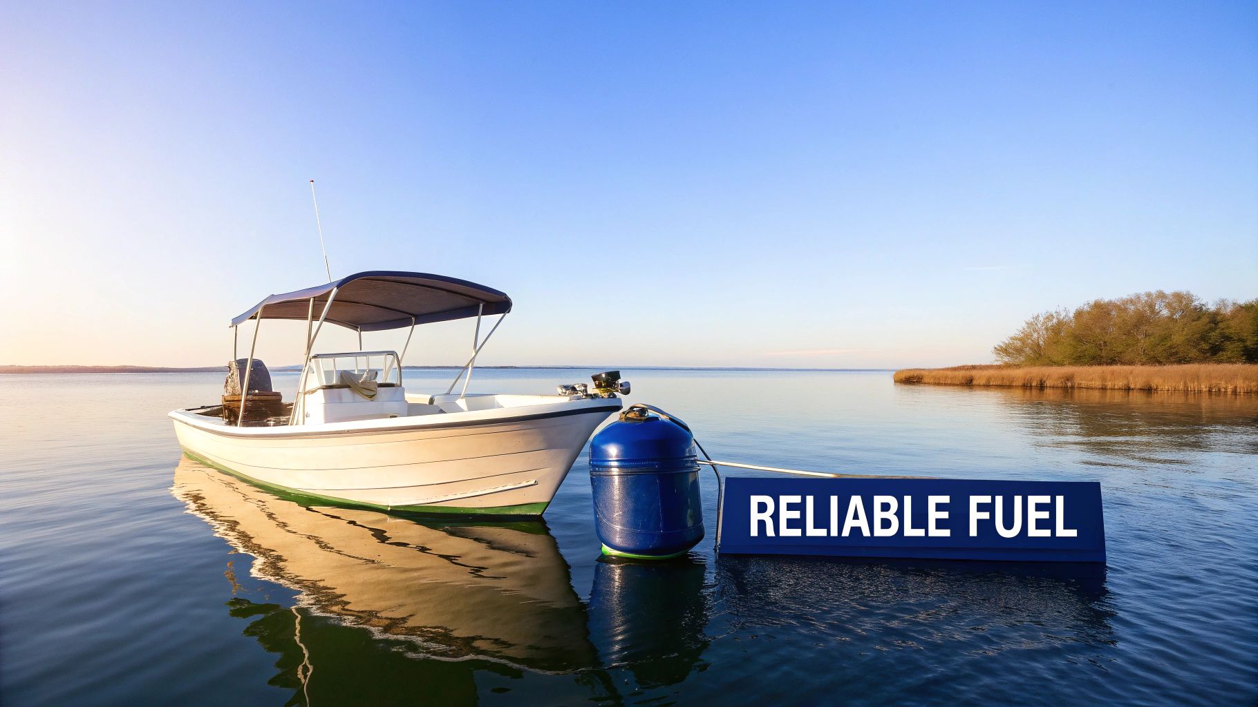 A person refueling a boat on the water using a portable gas container
