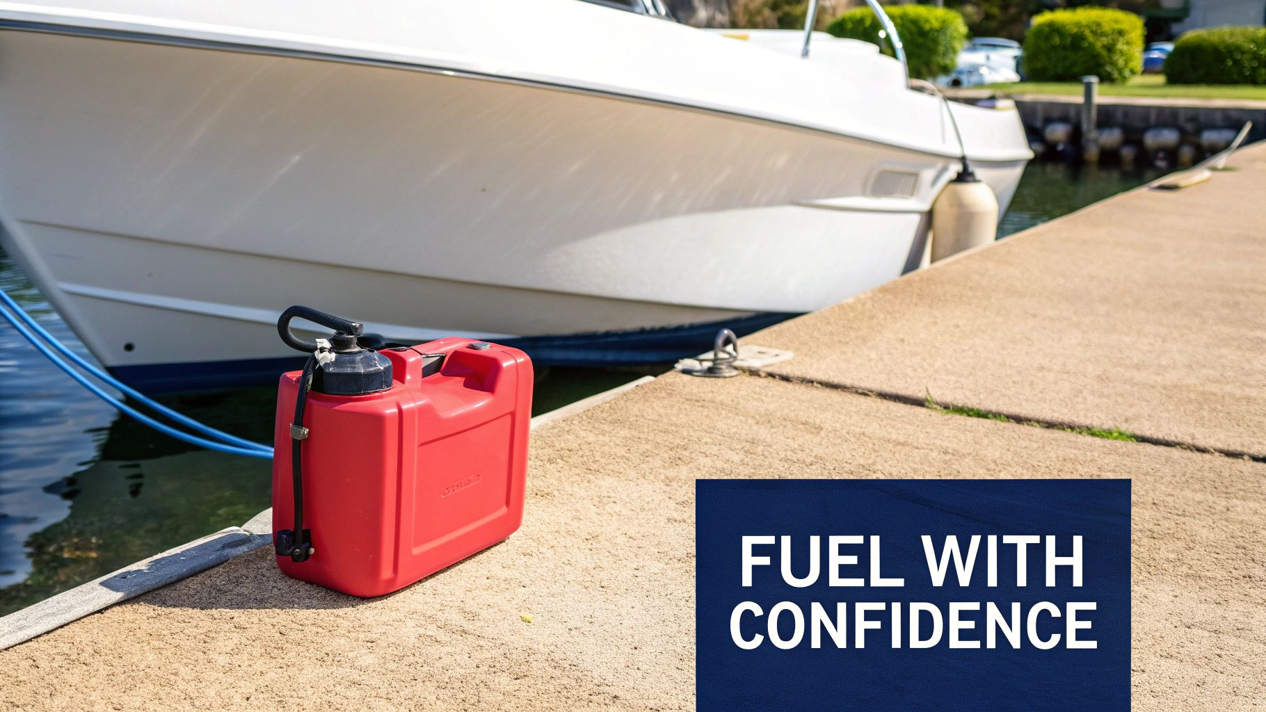 A red portable fuel tank sits on a concrete dock next to a white boat, ready for fueling.